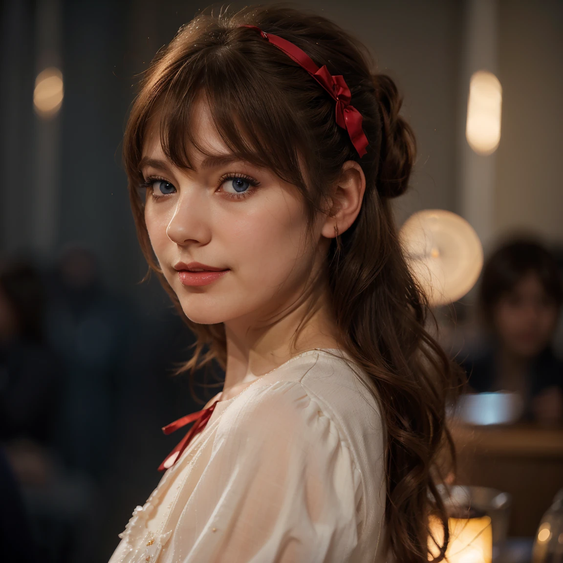 (extremely delicate and beautiful: 1.2), 1girl, bangs, blue eyes, blur, blur background, bow, brown hair, shut up, side view, hair between eyes, hair bow, lantern, light particles, long sleeves, look looking at audience, medium hair, night, red bow, solo, stars(symbol), upper body, smile, red lips