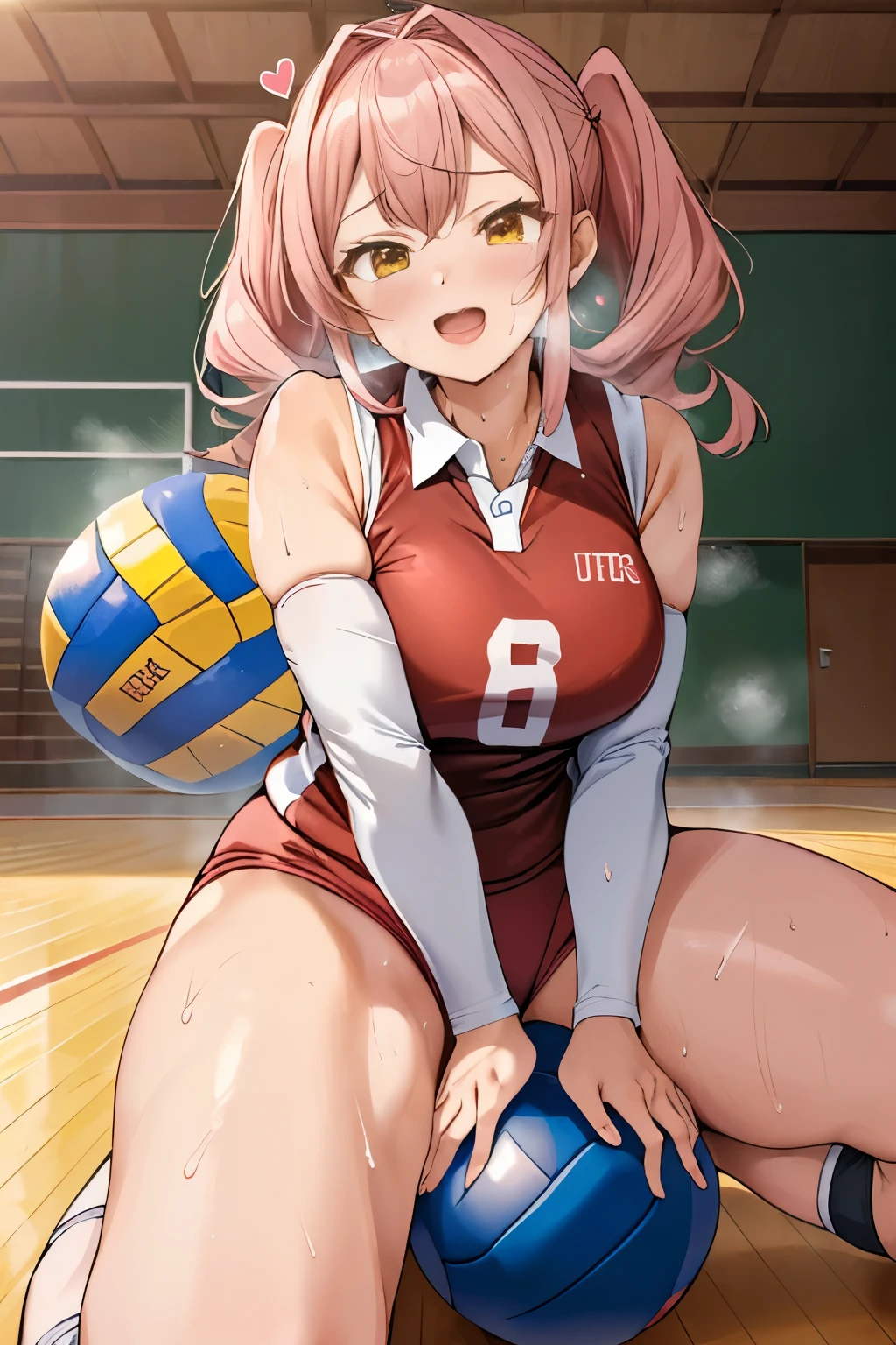 unity 8k wallpaper, anatomically correct, (((masterpiece))), (((best quality))), (((ultra detailed))), (((high-resolution))), ((super fine illustration)), ((Ultimate cutie)), ((perfect hands)), ((perfect finger)), (((good anatomy))), detailed beautiful face, shiny hair, (((gyaru))), (potbelly), (curvy), medium breasts, ((Thick thighs)), (((solo))), ((seductive smile)), (((blush))), ((half open mouth)),
BREAK, (((sit astride the spherical shape 6-inch volleyball))), (((straddling on the spherical shape 6-inch volleyball))), (((Put crotch right the spherical shape 6-inch volleyball))),
BREAK, (((Rub the spherical shape 6-inch volleyball against crotch)))),
BREAK, (Collared volleyball uniforms), sleeveless, ((buruma)), ((kneepad)), (elbow pad), (((sweat))), (((covered in sweat))), ((deep breathing)), in Volleyball Court, indoor, lighting, looking at viewer, full body, (spoken heart)