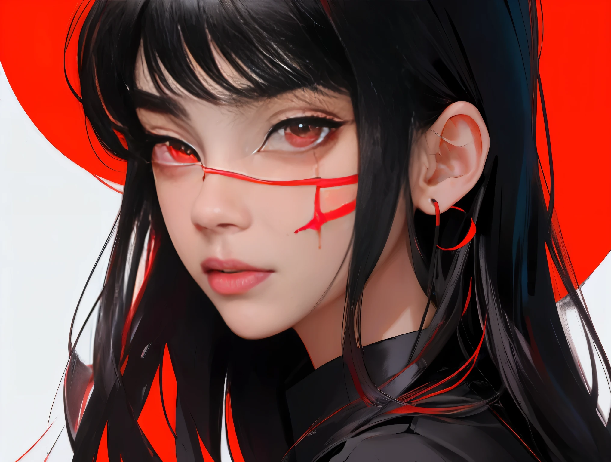 Yoru, vestida de colegial, camisa, Cinta para el cuello, mangas largas, Tema oscuro, (Mirando al espectador, retrato:1.5), black and rojo, rojo details, Runas brillantes_rojo,