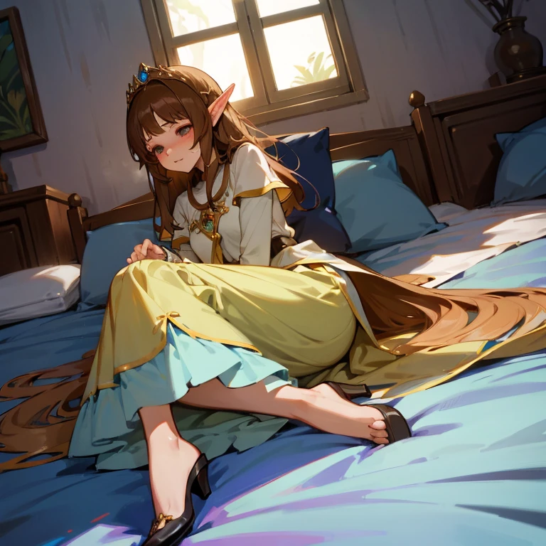 Anime style, 1 princesa elfa, long brown hair, Hime_Estilo de corte, ojos azules almendrados, senos medianos, traditional elven fantasy clothing, Blusa verde, falda rosa, Medias blancas hasta el muslo, Tacones altos dorados, Acostado en la cama , piernas abiertas, desnudo , abrir , rubbing it , female Masturbation, orgasmo, Falda superior,