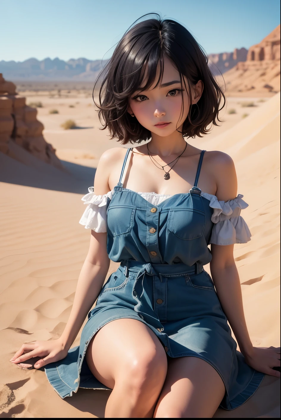 Cute girl, Girl sitting in the desert, her hair is short