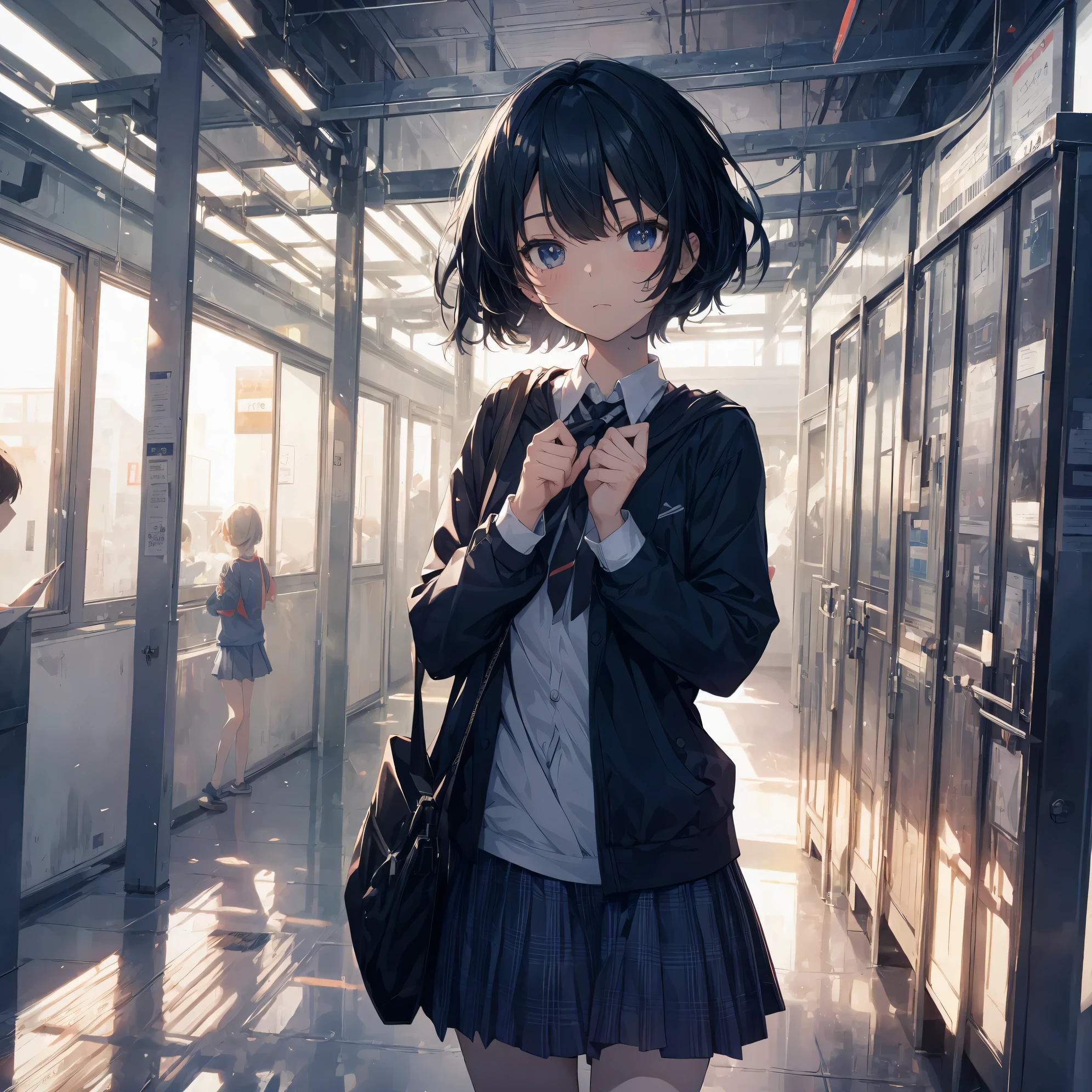 Super high quality by the art god, Ultra-detailed, High resolution, ilya kuvshinov style, anime moe art style, best anime 8K konachan wallpaper, Pixiv Contest Winner, Perfect Anatomy, BREAK,(Please draw a sleepy girl going to school alone.. ),BREAK, 1girl in, (Solo,Lori,child,13years:1.3),Full limbs, complete fingers,a junior high school student, Androgynous attraction, (Very short hair), hair messy, flat chest, Small butt, groin, Small eyes,Beautiful detailed black eyes, Well-proportioned iris and pupils, disgusted eye, High resolution detailed hair, School uniform, Skirt, On the way to school. BREAK,Ultra-detailed細なスキン, Best lighting by famous artists, 8K,Cute illustration,
