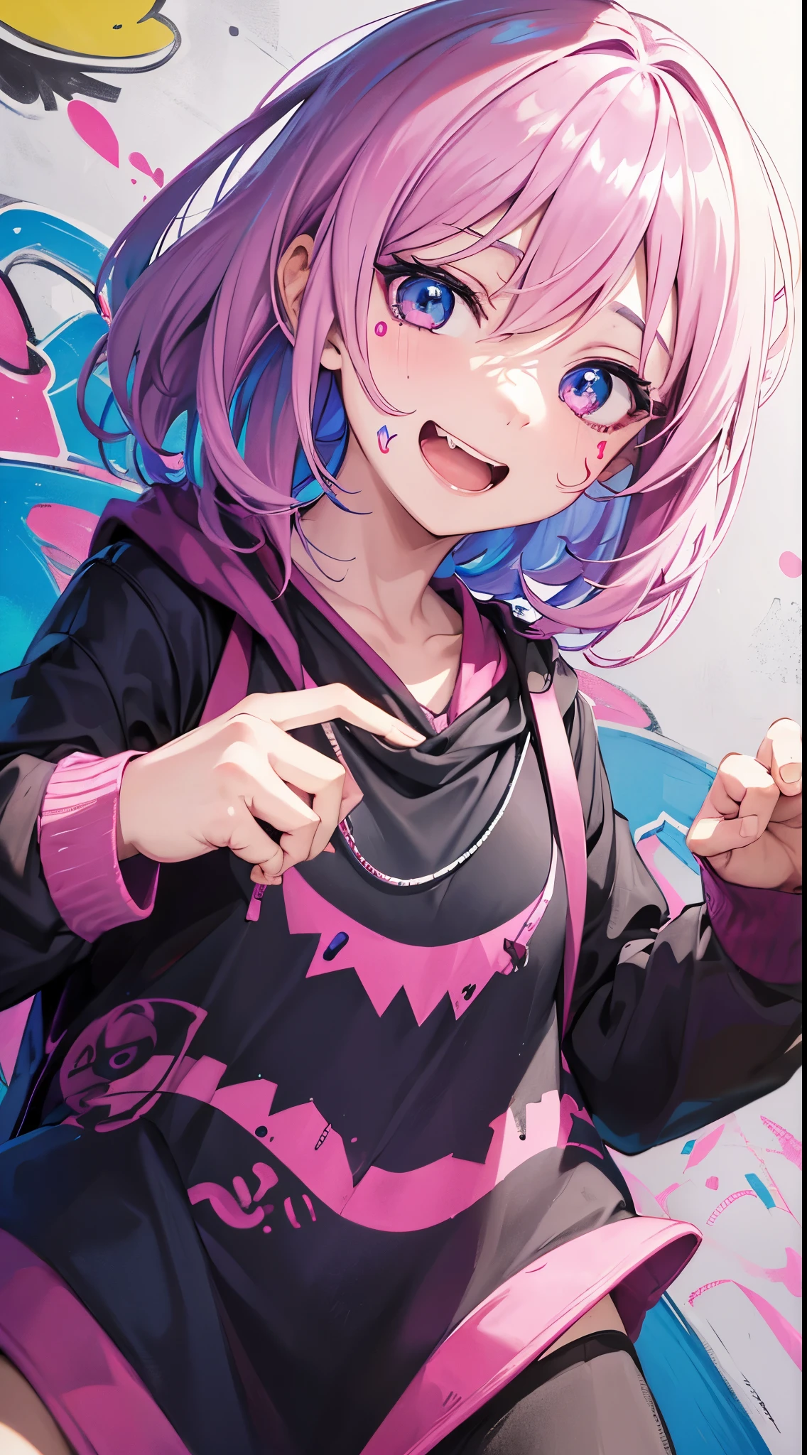 Ganidev, (Mature Face: 1.3), Upper body, Graffiti face, Colorful eyes, Open mouth, Yandere formula, Smile, look at viewr, hands not visible, PastelColors, Thinking, asking for help