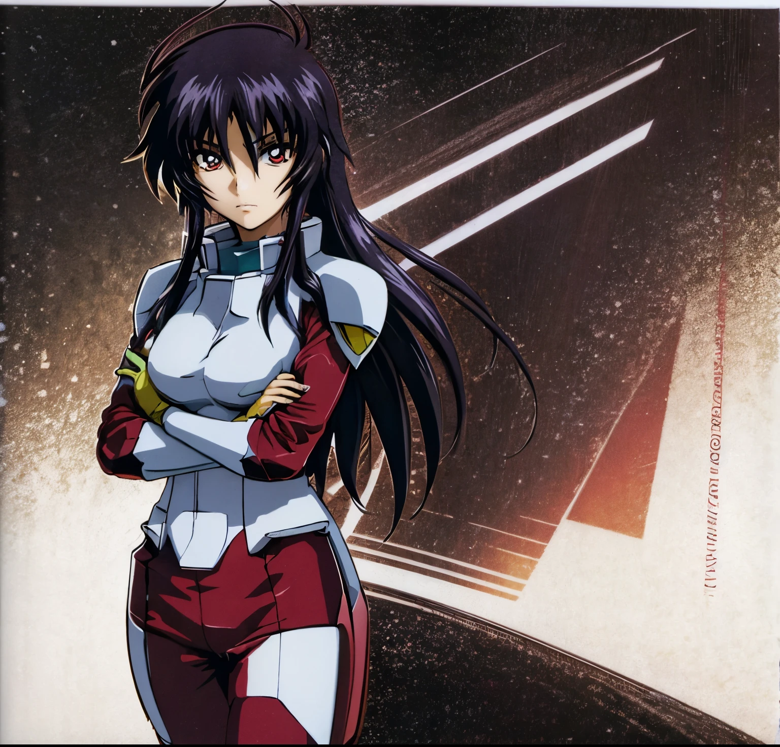 Gundam seed drawing, focus on the face from the chest, female Shinn Asuka solo, one beautiful woman, black hair, long hair, red eyes,