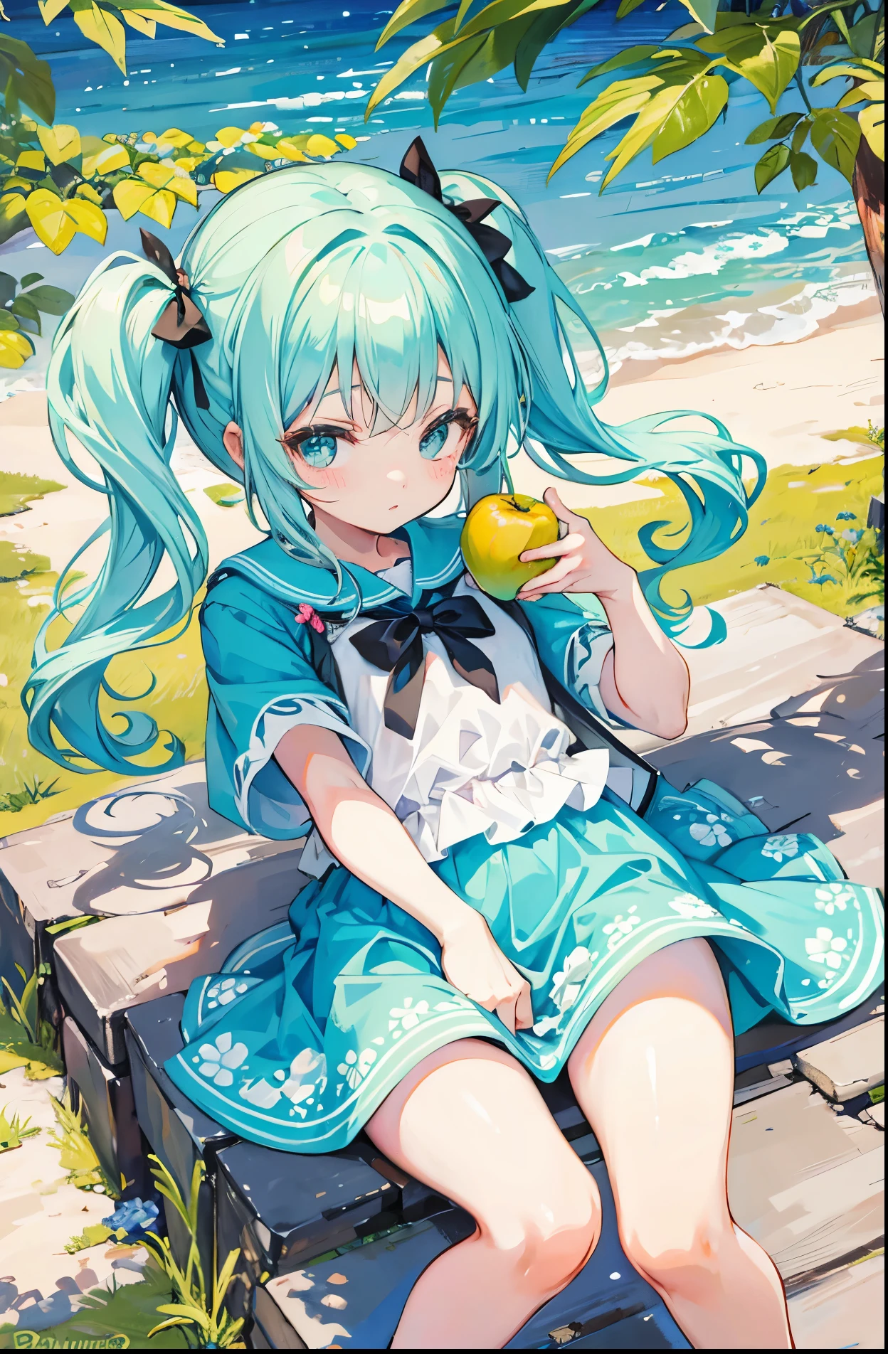 Little sweet loli girl,Turquoise three ponytails and soft clothes,pvz three-leaf apple personification