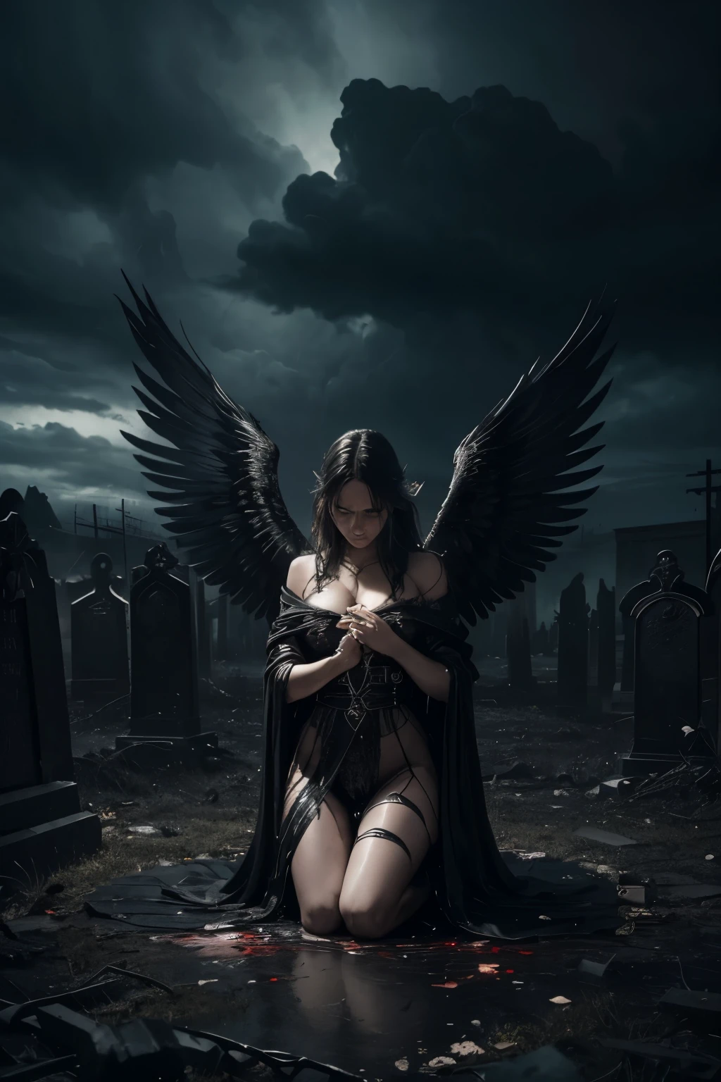 (best quality,4k,8k,highres,masterpiece:1.2),ultra-detailed,(realistic,photorealistic,photo-realistic:1.37),angel with bleeding wings,gory feathers flowing,glowing halo,tears of blood,shimmering ethereal presence,dark and haunting,ominous clouds,desolate graveyard,sad and mournful expression,faint whispers in the wind,heavy rain pouring,striking contrast of light and darkness,broken chains of bondage,angelic figure radiating anguish,stormy atmosphere,heavenly sorrow,ominous aura,powerful symbolism,intricate details of feathers,blood stains on the ground.