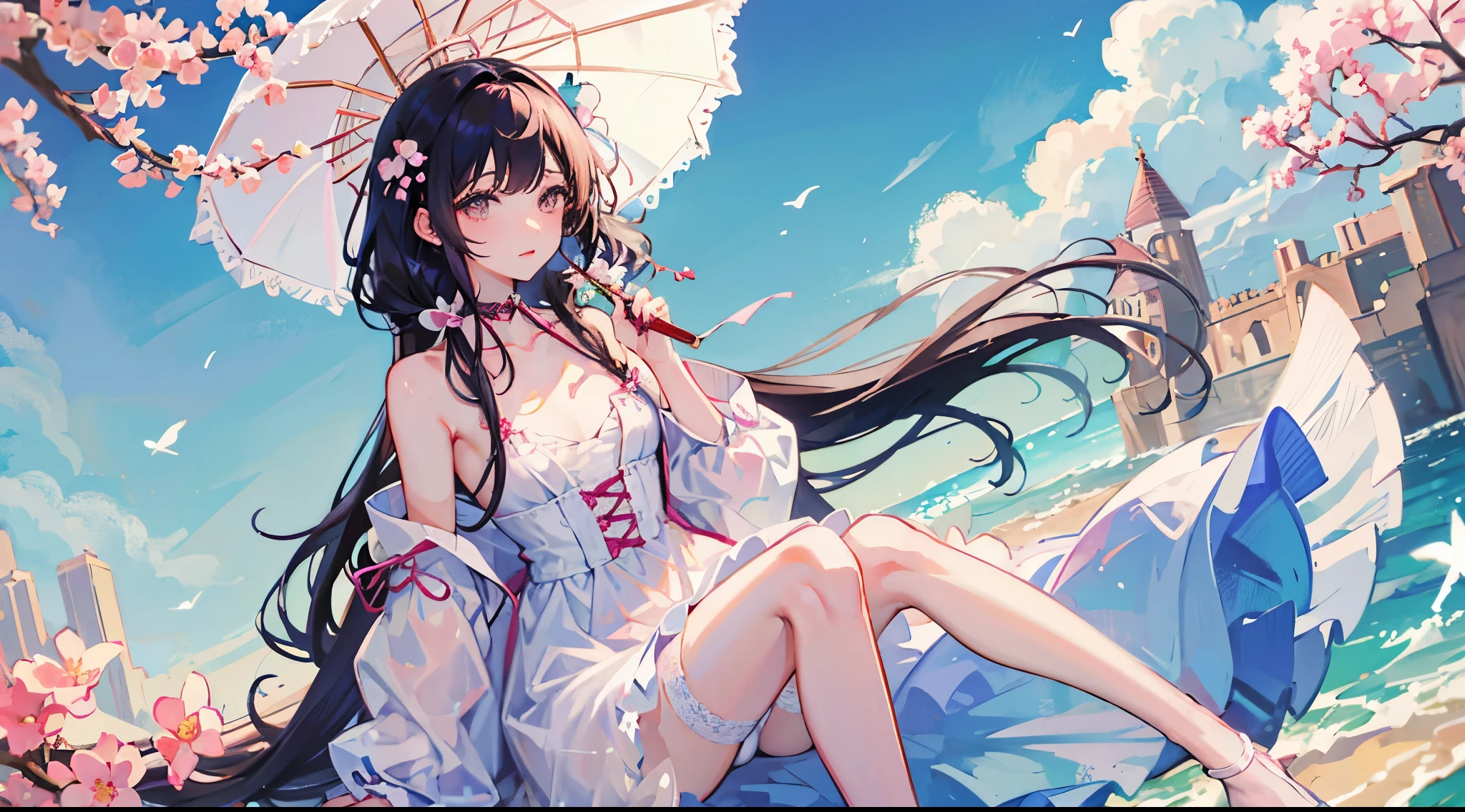 Beautiful and charming woman in fashion trends, full bodyesbian: 1.6, Holding flowers, random hair style, sitting under parasol, Have by the sea, Tight suspender dress in random colors, The wind blows hair, with blue sky and white clouds, delicate and sexy collarbones, Cover your chest, Charming goose egg face, 二重まぶた, Clever peach blossom eyes, Pink lips, Small upturned nose, of shoulders, Focused face, closeup of face, hyper HD, super detailing, ultra-thin translucence, Fresh and good, ssee-through, Pink