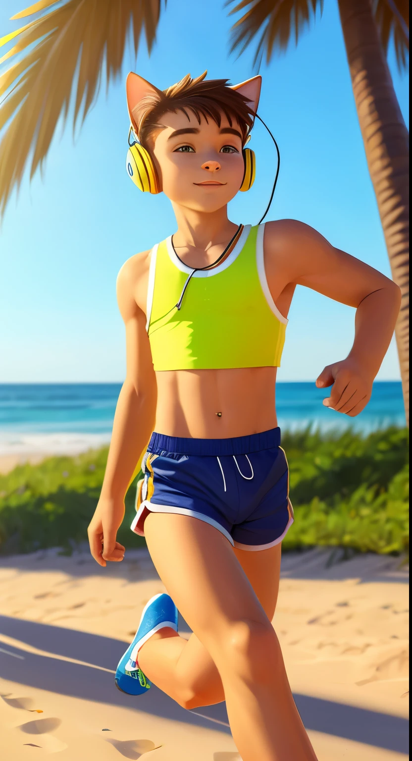 Teen boy 10 - ************ cat running along the beach, he&#39;s wearing headphones, he with nasty short shorts and a sporty short tom, crop top, boy listening to music, Sunny day, sweet boy, мальчик в crop topе