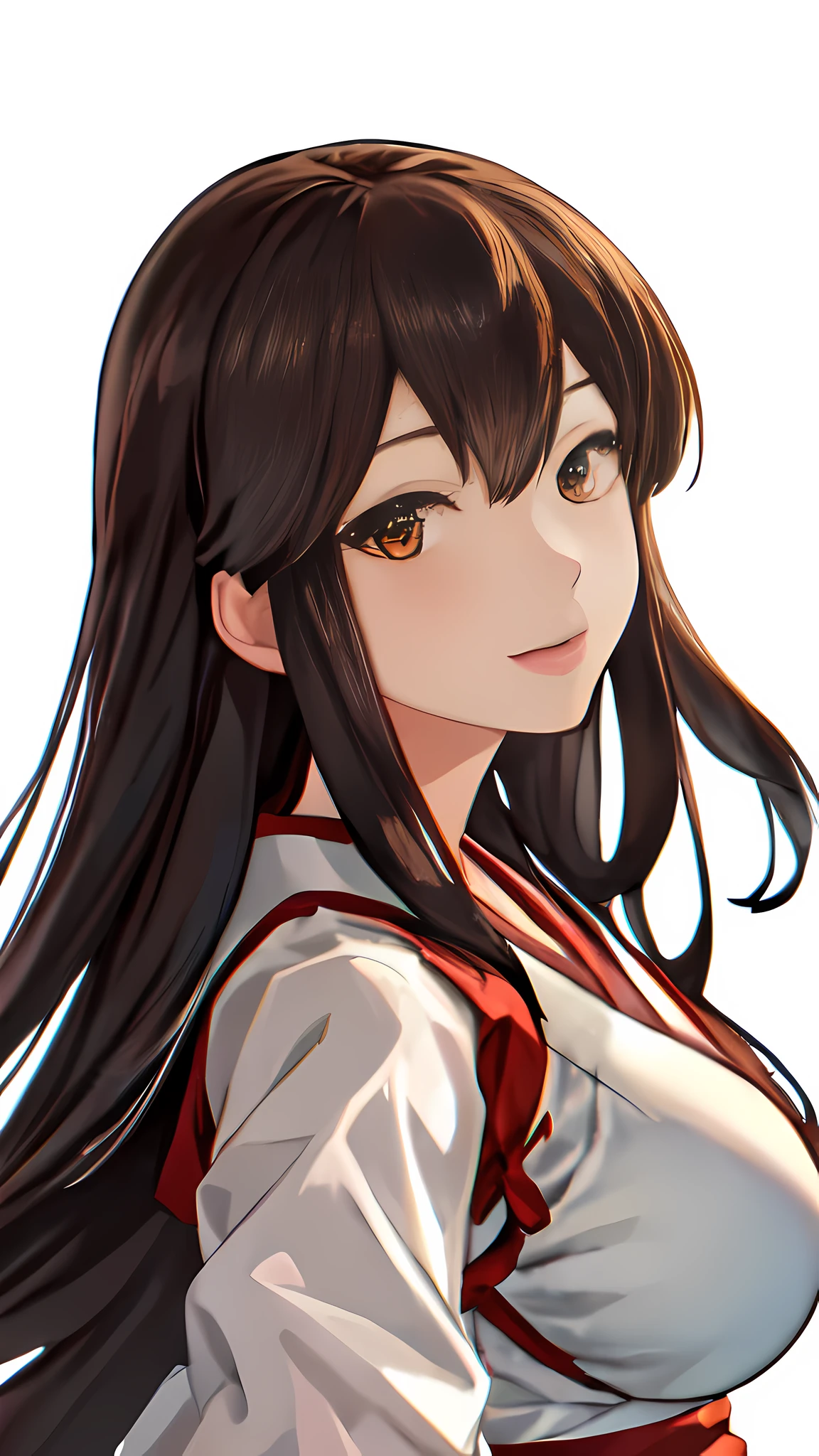 Best Quality, masutepiece, hight resolution, Solo, {akagi_Kantai Collection:1.15}, long_hair, brown_hair, brown_Eyes, muneate, tasuki, Smile, 1girl in , Japanese_Clothes, , partially_fingerless_gloves, arma, distortion, Single_hand armor, outstretched_Highly detailed arms、extremely detailed eye、extra detailed face、Insanely detailed body、Bewitching expression of extremely detailed skin