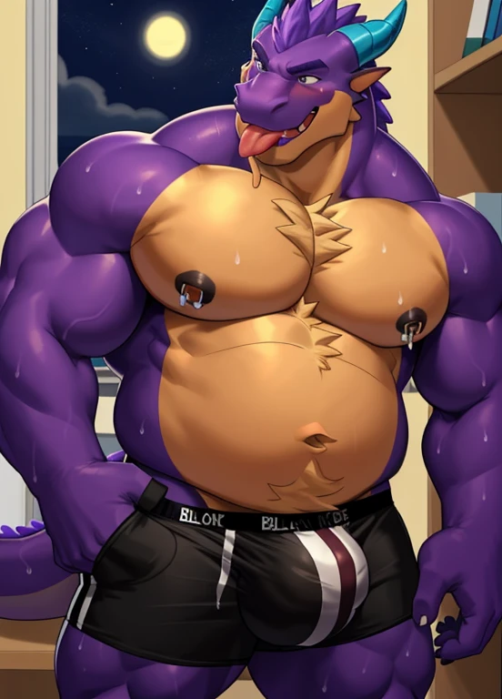 anthro, male, 1boy, solo focus, dragon, college dorm, night, dim, detailed eyes, detailed speedo, detailed clothing, bare chest, big pecs, huge belly, detailed nipple piercings, detailed nose piercing, big underwear bulge, sweaty, blushing, tongue sticking out