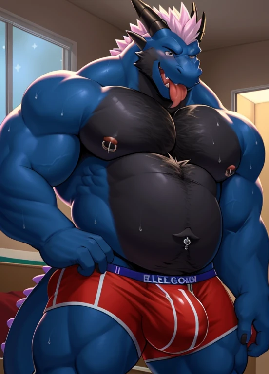 anthro, male, 1boy, solo focus, dragon, college dorm, night, dim, detailed eyes, detailed speedo, detailed clothing,  , big pecs, huge belly, detailed , detailed nose piercing, big  bulge, sweaty, blushing, tongue sticking out