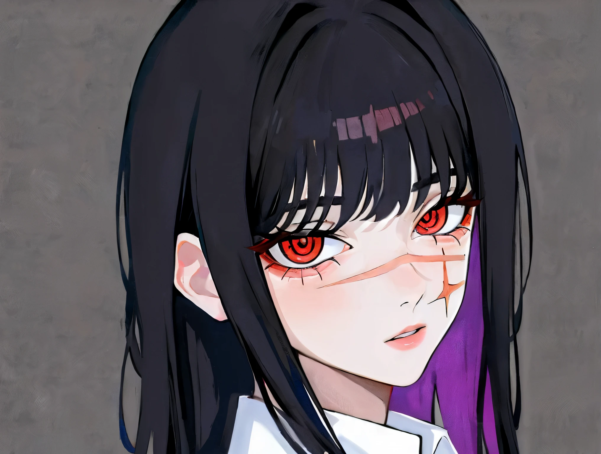 Yoru, vestida de colegial, camisa, Cinta para el cuello, mangas largas, Tema oscuro, (Mirando al espectador, retrato:1.5), black and rojo, rojo details, Runas brillantes_rojo,