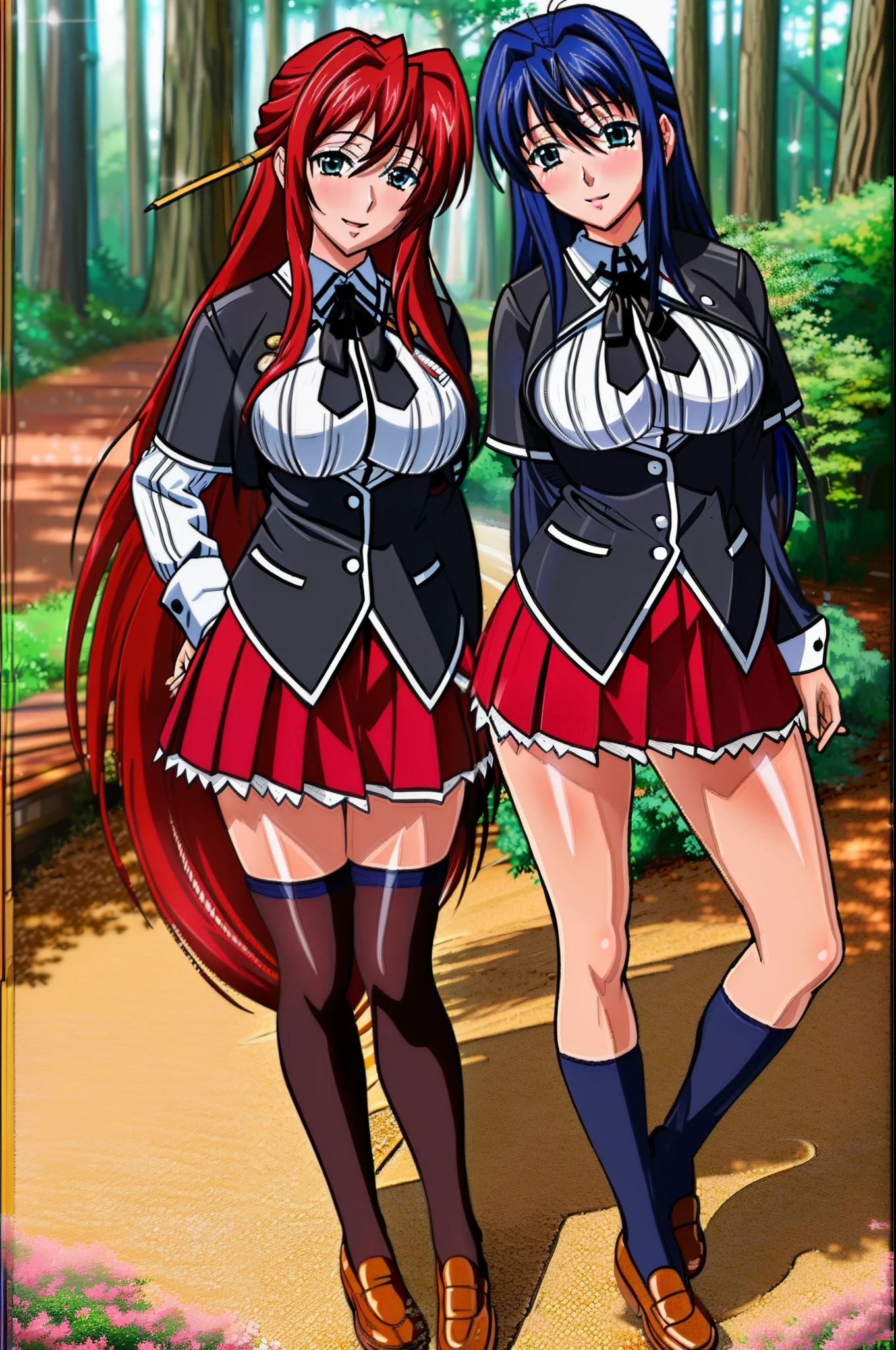 (best quality, ultra detailed, masterpiece), (group of 2 girls), rias gremory dxd and himejima akeno dxd, school uniform, seductive pose, detailed background, forest background, full body shot, detailed beutifull faces