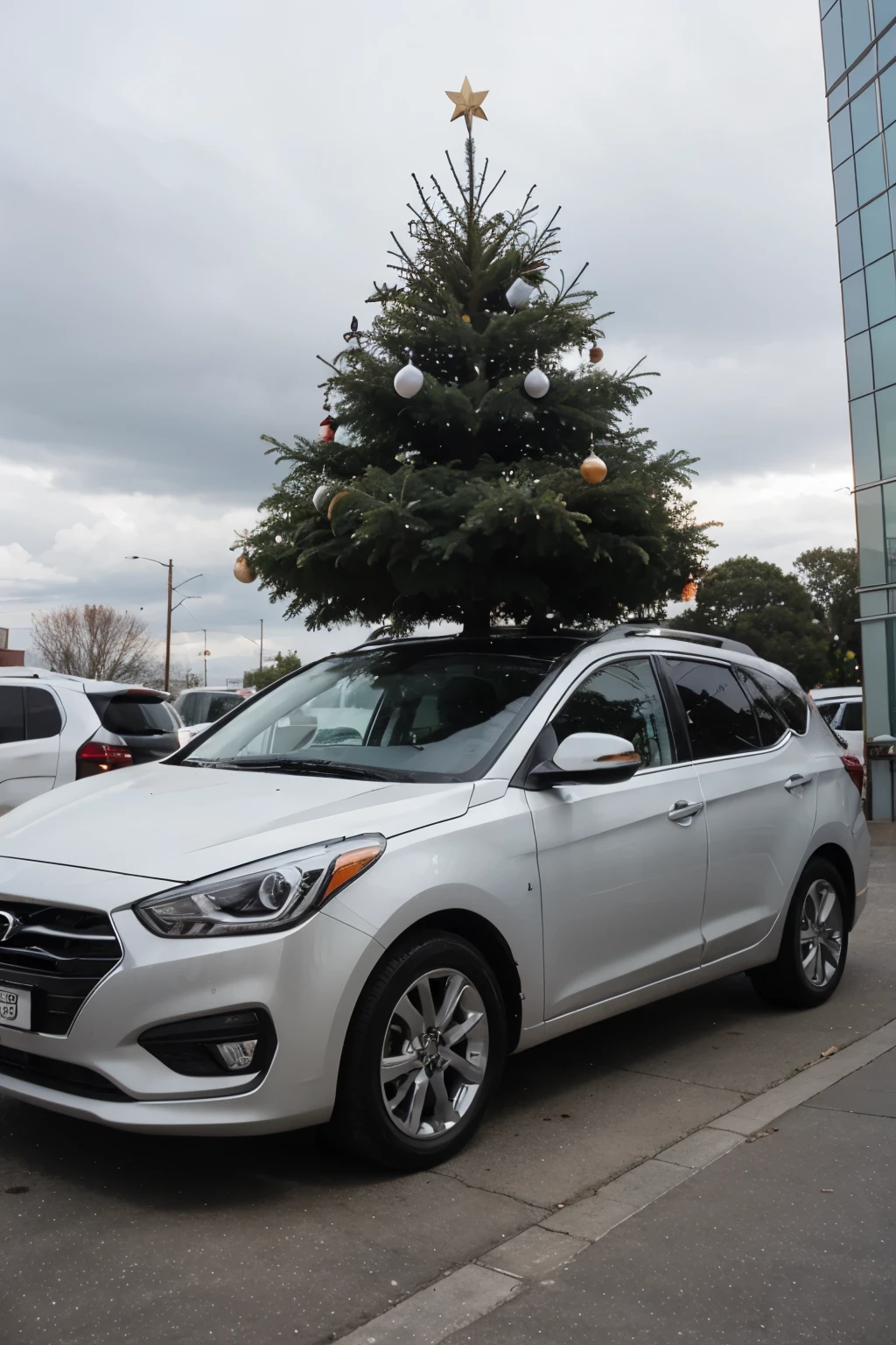 Lowered Hyundai Santa Cruz with christmas tree on top