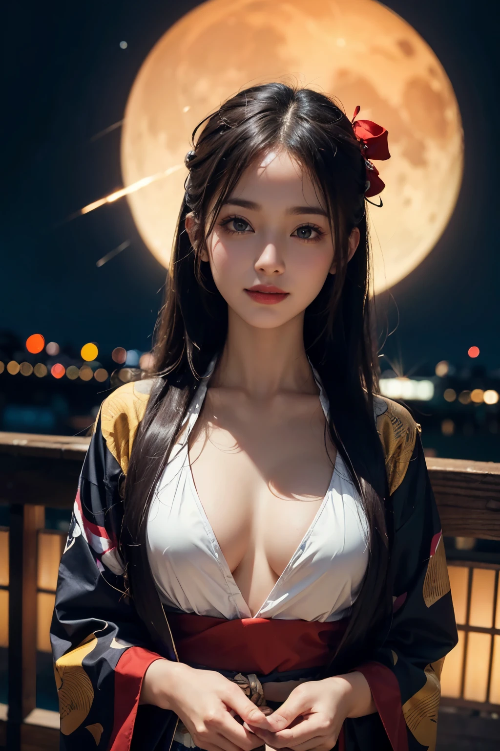 Kimono,See-through fabric,Light fabric,See Through,clear,18+,Nobra,big breastm,Central Tokyo,japan,อาหารjapan,Long, straight hair that reaches the bottom.,nighttime,firelight,Looks happy.,smirk,kawaii,moon,moon backdrop,bokeh,firework,carnival,rocket,
drop shadow, anaglyph, stereogram, tachi-e, pov, atmospheric perspective, 8k, super detail, ccurate, best quality