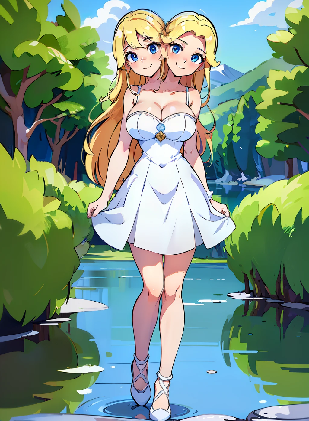 best quality, (masterpiece),(ultra-detailed), (high quality), (high resolution), (2heads:1.5) blonde long hair, medium breasts, cleavage, white skirt , full body,best quality:1.5, highres, UHD, 4K), smiling, ((white sleeveless dress)), wearing white heeled shoes, lake background, ((full body)), detailed blue eyes, (mature woman), casual dress