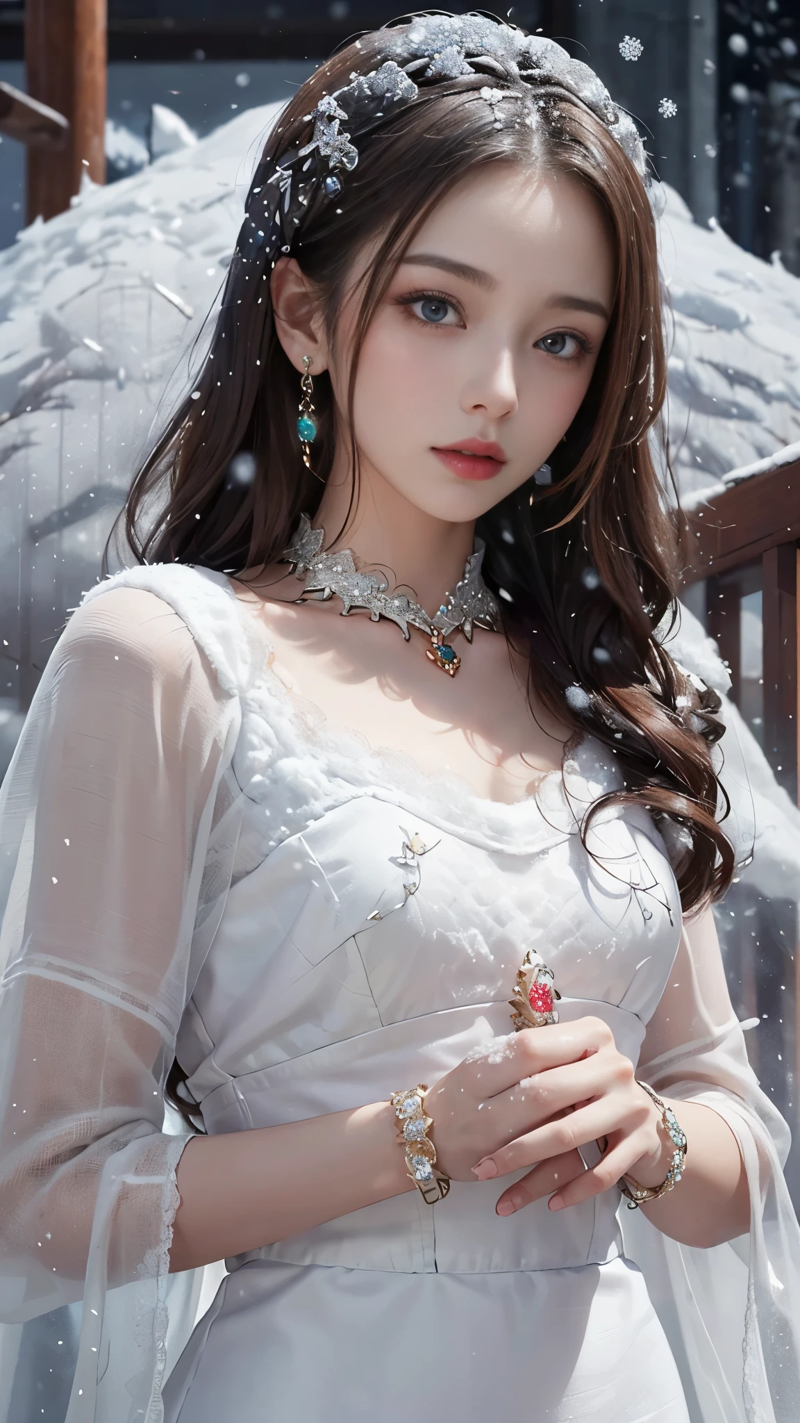 8k, masterpiece, 1 girl, beautiful face, very long hair, light makeup, detailed eyes, detailed lips, small bust, winter dress, orange dress, (wearing jewellery:1.8), (lace:1.4), ((snow falling:1.4)), attractive poses,
