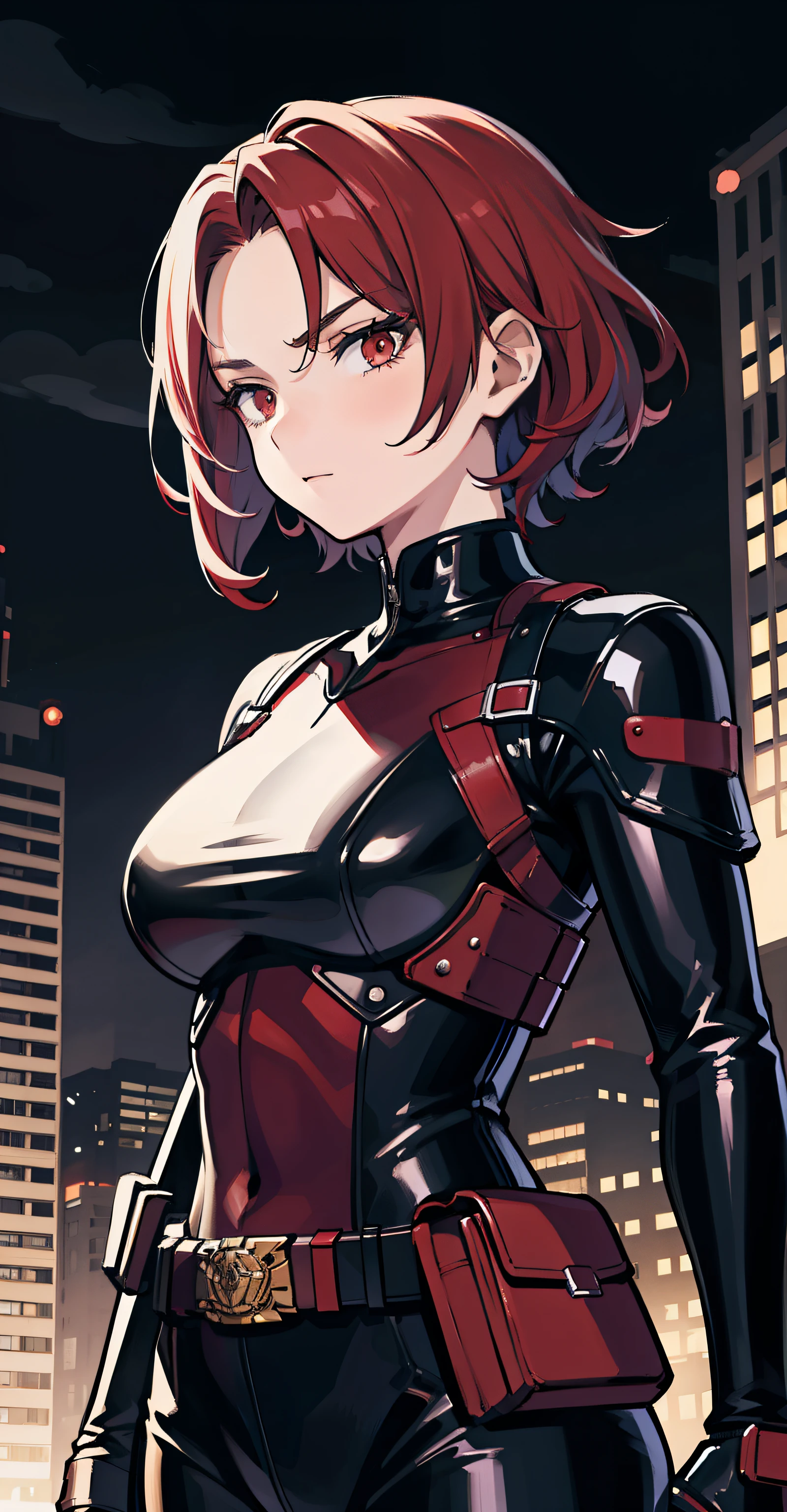 1girl, masterpiece, lady_nagant, short hair, red hair,  red eyes, serious, black suit, portrait, mechanical belt, night city background, latex,