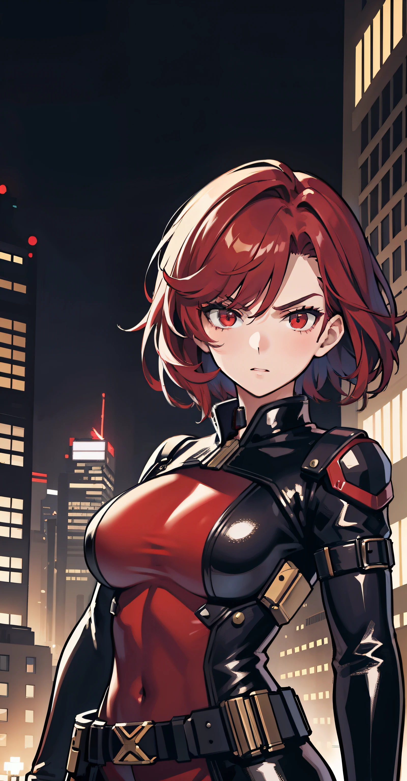 1girl, masterpiece, lady_nagant, short hair, red hair,  red eyes, serious, black suit, portrait, mechanical belt, night city background, latex,