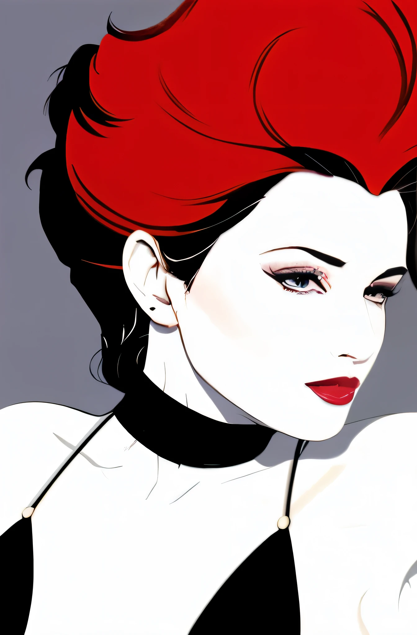 (Masterpiece Art:1.1), (Best Quality), Woman with strapless dress and lipstick, greybackground, Art style by Patrick Nagel, Beautiful, highly detailed painting, (highly detailed slopes), (Detailed face), (Detailed eyes:1.1), (Perfect breasts), modelshoot, Professional Photography, Official art, Synth Wave, androgyny, 8K, hard disk, High quality,  awardwinning, poneyTail,