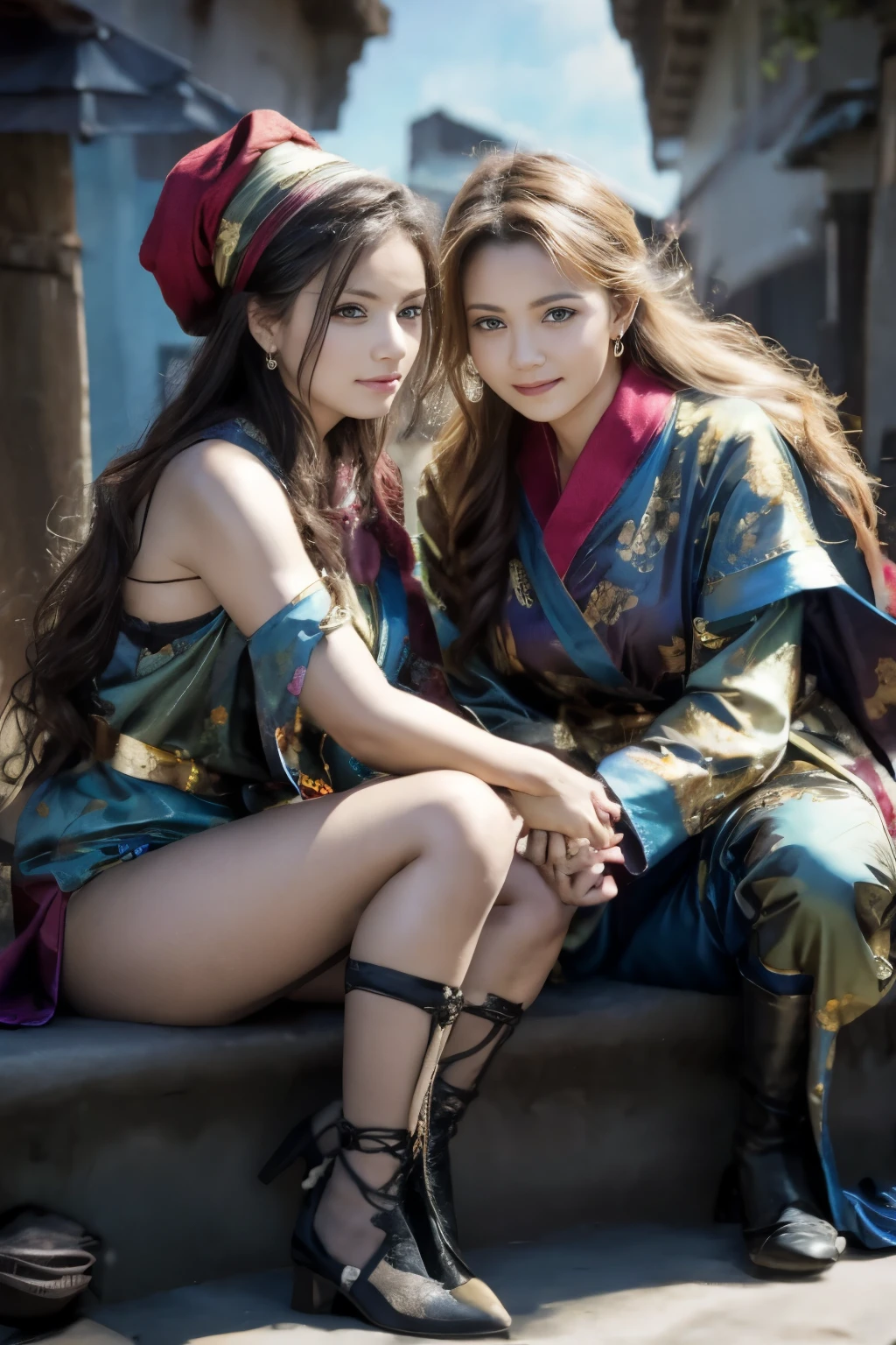 All faces and pictures must be different, two female oen soldiers with colorful robes, sitting,dynamic pose,big eyes,magical world,fantastic world