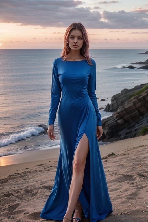 Slim, tall woman in a blue long dress with long sleeves against the backdrop of a pink sunrise by the sea.