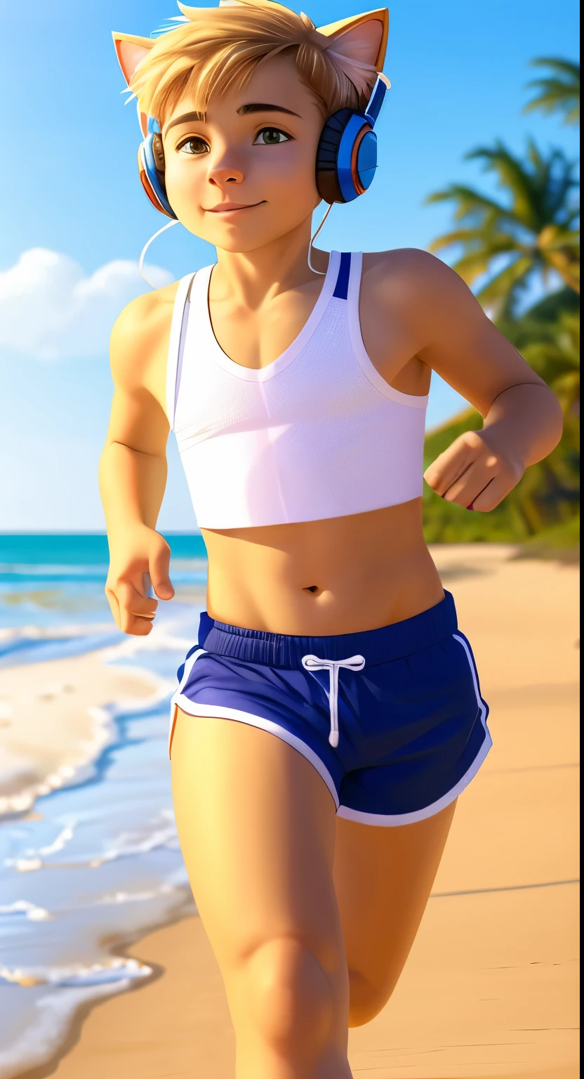 cat running along the beach, he's wearing headphones, he with nasty short shorts and a sporty short tom, crop top, boy listening to music, Sunny day, sweet boy, мальчик в crop topе