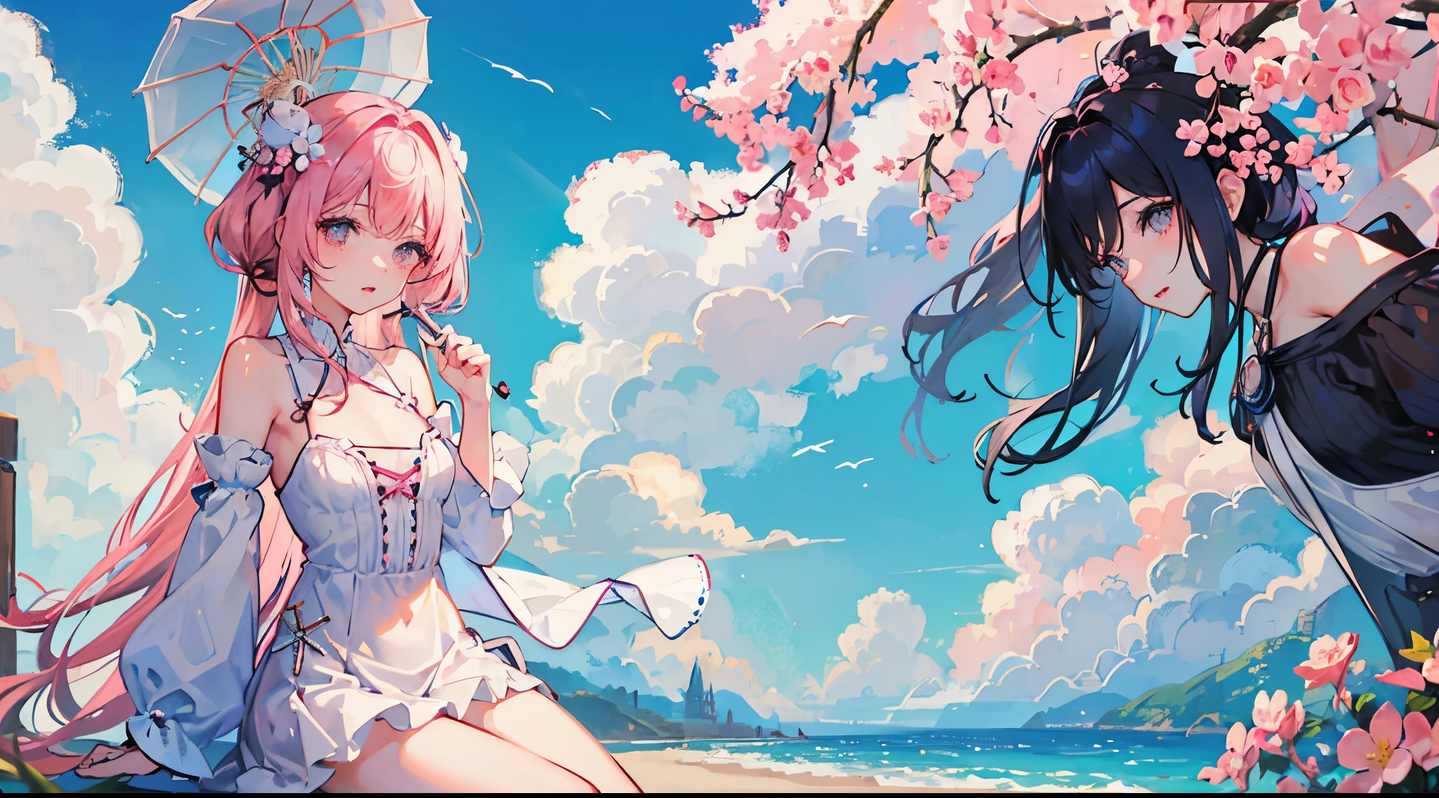 Beautiful and charming woman in fashion trends, full bodyesbian: 1.6, Holding flowers, random hair style, sitting under parasol, Have by the sea, Tight suspender dress in random colors, The wind blows hair, with blue sky and white clouds, delicate and sexy collarbones, Cover your chest, Charming goose egg face, 二重まぶた, Clever peach blossom eyes, Pink lips, Small upturned nose, of shoulders, Focused face, closeup of face, hyper HD, super detailing, ultra-thin translucence, Fresh and good, ssee-through, Pink
