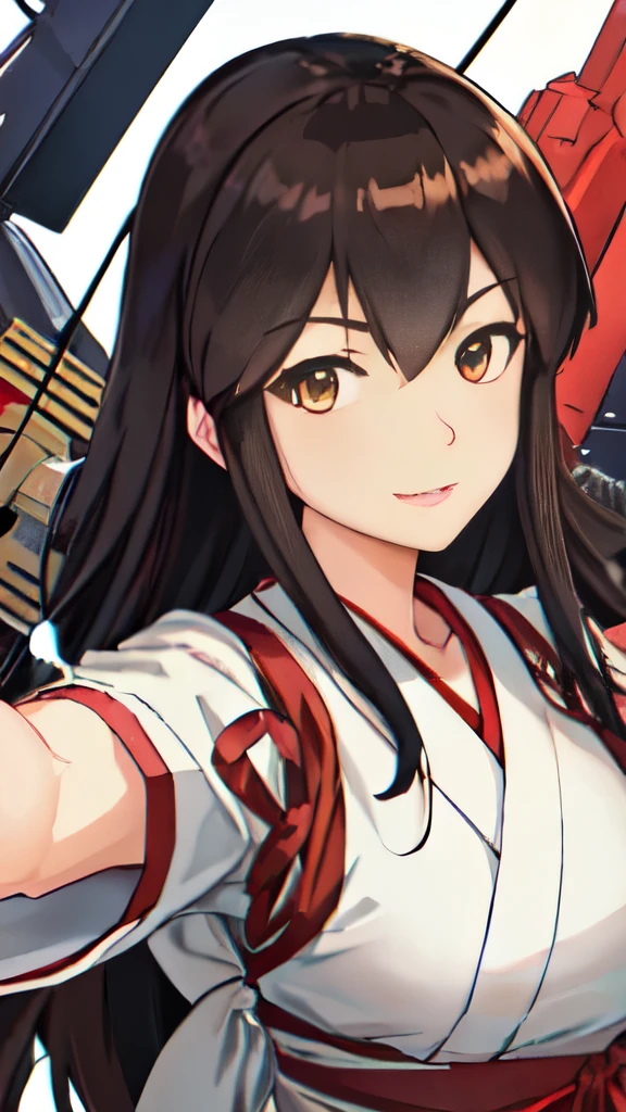 Best Quality, masutepiece, hight resolution, Solo, {akagi_Kantai Collection:1.15}, long_hair, brown_hair, brown_Eyes, muneate, tasuki, Smile, 1girl in , Japanese_Clothes, , partially_fingerless_gloves, arma, distortion, Single_hand armor, outstretched_Highly detailed arms、extremely detailed eye、extra detailed face、Insanely detailed body、Insanely detailed skin bewitching expression