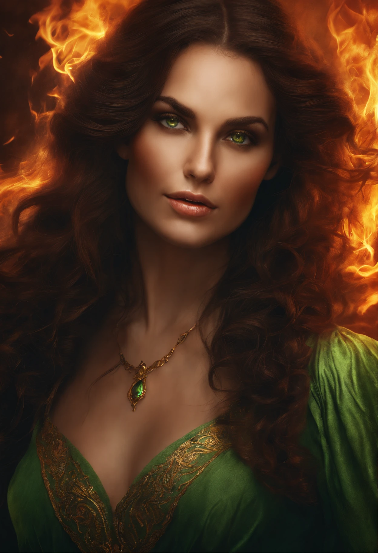 Close-up of a woman with green eyes, on fire,curly dark brown hair fluttering in a fiery flame, epic fantasy art portrait, fantasy portrait art, fantasy art portrait, fantasy character portrait, Fantasy RPG Symmetrical Portrait, fantasy concept art portrait, detailed matte fantasy portrait, Fantasy genre portrait, fantasy portrait, Portrait of a female elf-sorcerer, fantasy portrait, Portrait of a Sorceress