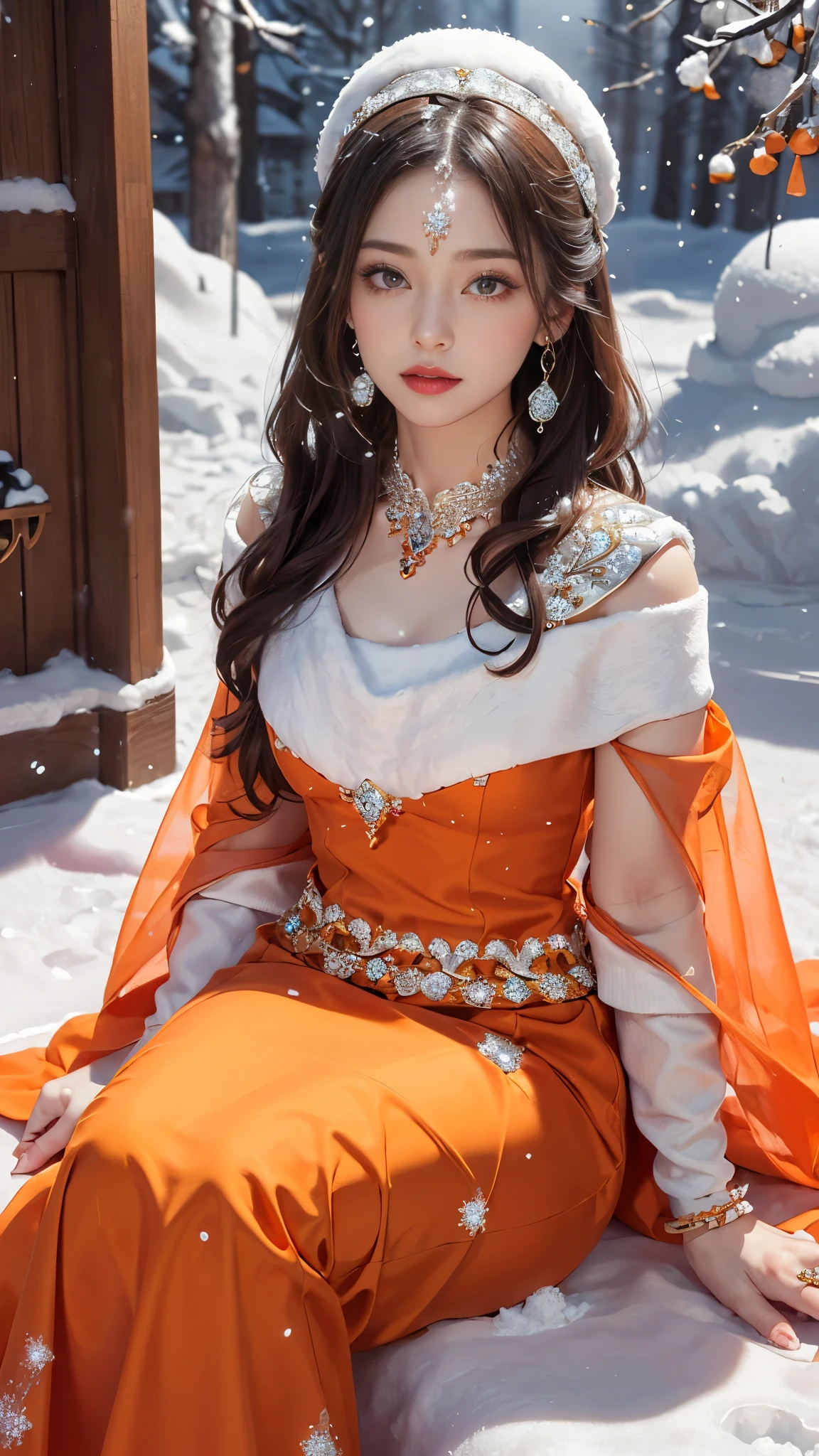 8k, masterpiece, 1 girl, beautiful face, very long hair, light makeup, detailed eyes, detailed lips, small bust, winter dress, orange dress, (wearing jewellery:1.8), (orange lace:1.4), ((snow falling:1.4)), sitting,