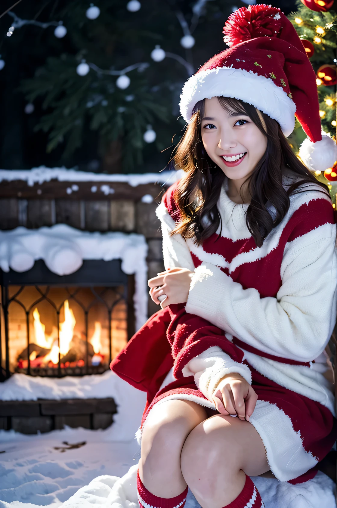 (Best Quality,4K,hight resolution,masutepiece:1.2),Realistic,Christmas,girl (25 years old),Hugging a big teddy bear,stuffed animal,Wear warm clothes,Snow falling in the background,Winter wonderland,Joyful expression,Magical atmosphere,Soft lighting,Vivid colors,Happiness,laught,Welcoming environment,Warmth,Smiling eyes,Curly hair,Shimmering decoration,Twinkling lights,toy train set,wrapped present,Rooftop with Santa Claus and reindeer flying in the distance,magic snowflake,オーナメント付きのChristmasツリー,log cabin,curl up near the fireplace,hot chocolate with marshmallows,Peace and quiet,Excitement and anticipation,Snowy landscape,childhood innocence,Enchanted moments,Playful laughter,Upholstered stockings,Holiday spirit,love and togetherness.thighs thighs thighs thighs、off shoulders