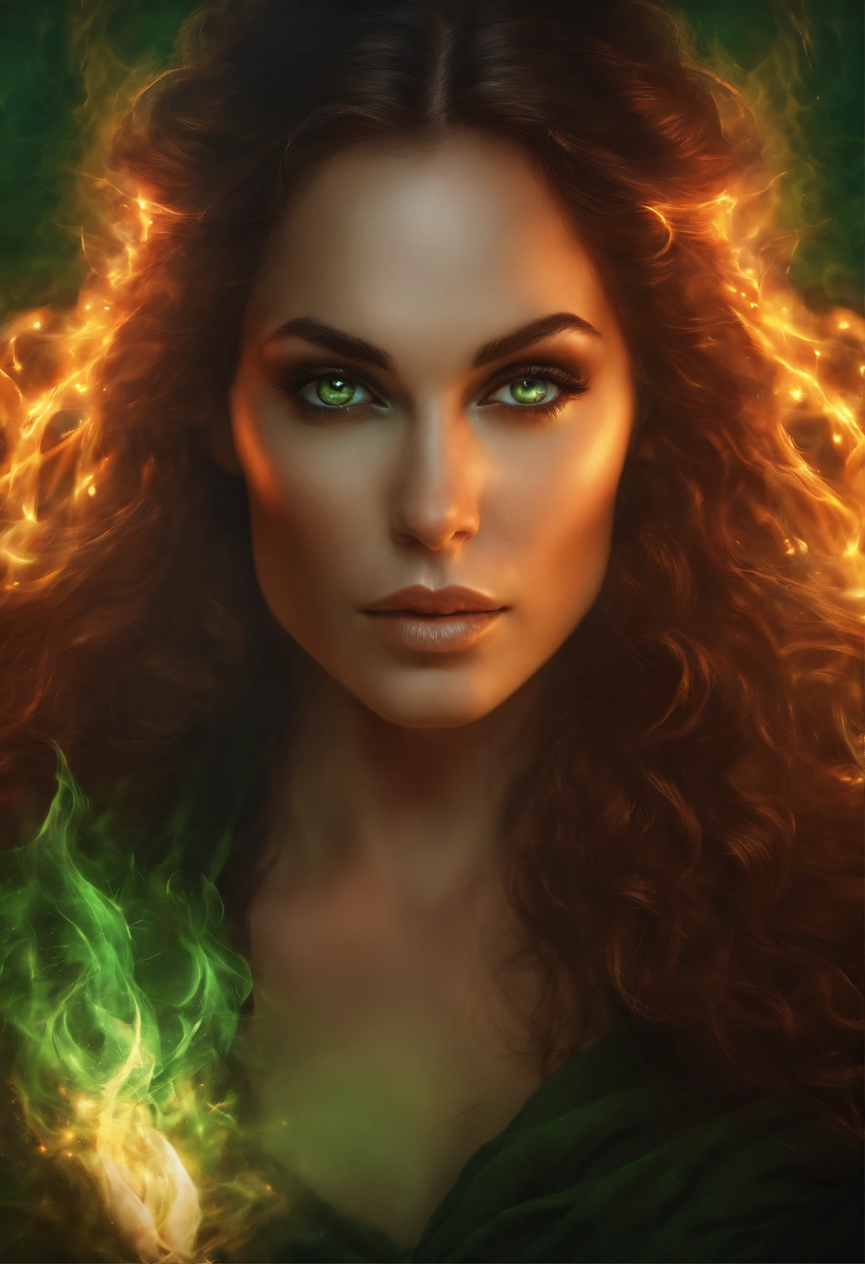 Close-up of a woman with green eyes, on fire,curly dark brown hair fluttering in a fiery flame, epic fantasy art portrait, fantasy portrait art, fantasy art portrait, fantasy character portrait, Fantasy RPG Symmetrical Portrait, fantasy concept art portrait, detailed matte fantasy portrait, Fantasy genre portrait, fantasy portrait, Portrait of a female elf-sorcerer, fantasy portrait, Portrait of a Sorceress