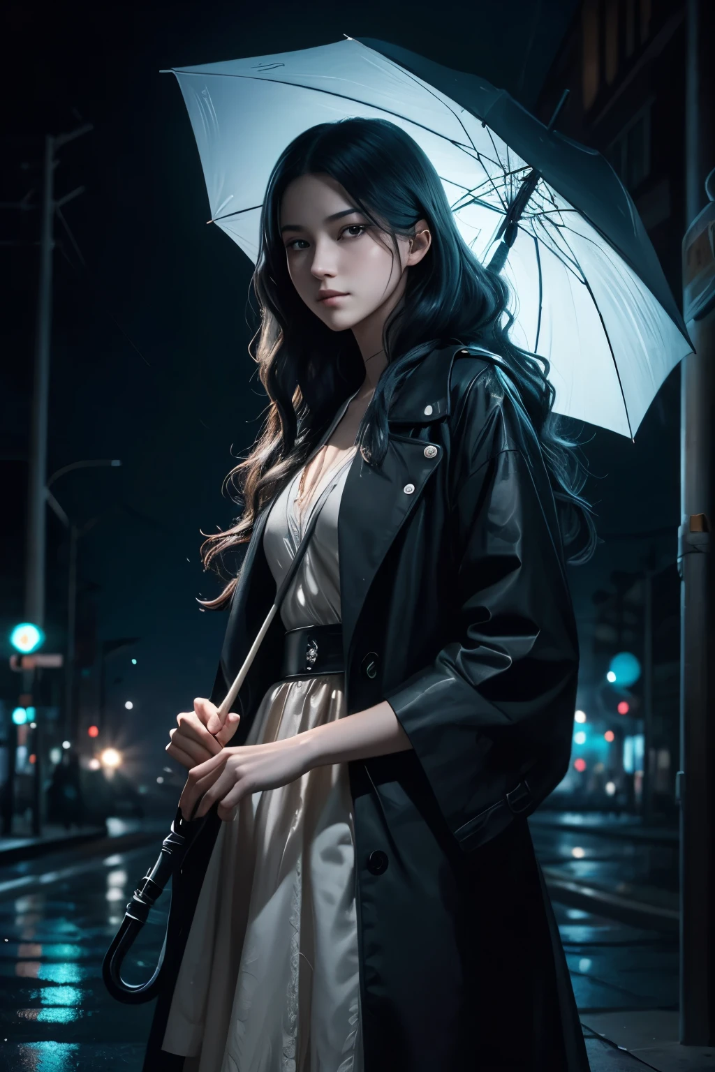 Hyperrealistic digital painting of a girl clutching an umbrella, her gaze piercing through the lens, POV from a street corner at night, street lights casting a glow on her tear-streaked yet exquisite face, anime and Final Fantasy influences evident in her modern attire and flowing hair, a tableau reminiscent of a rain-swept urban fairy tale, intricate shadow play adding to the enigmatic ambiance, all rendered with the meticulous detail and otherworldly beauty akin to the works of James Jean