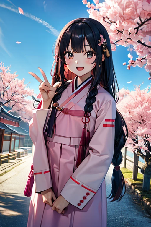 masterpiece, best quality, highres, bbhana, long hair, blacj hair, single braid, hair ornament, whisker markings, ((korean clothes)), ((hanbok)), long sleeves, striped sleeves, pink skirt, cherry blossoms, outdoors, standing, smile, open mouth, peace sign