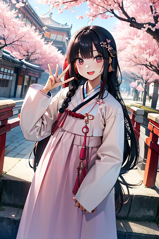 masterpiece, best quality, highres, bbhana, long hair, blacj hair, single braid, hair ornament, whisker markings, ((korean clothes)), ((hanbok)), long sleeves, striped sleeves, pink skirt, cherry blossoms, outdoors, standing, smile, open mouth, peace sign