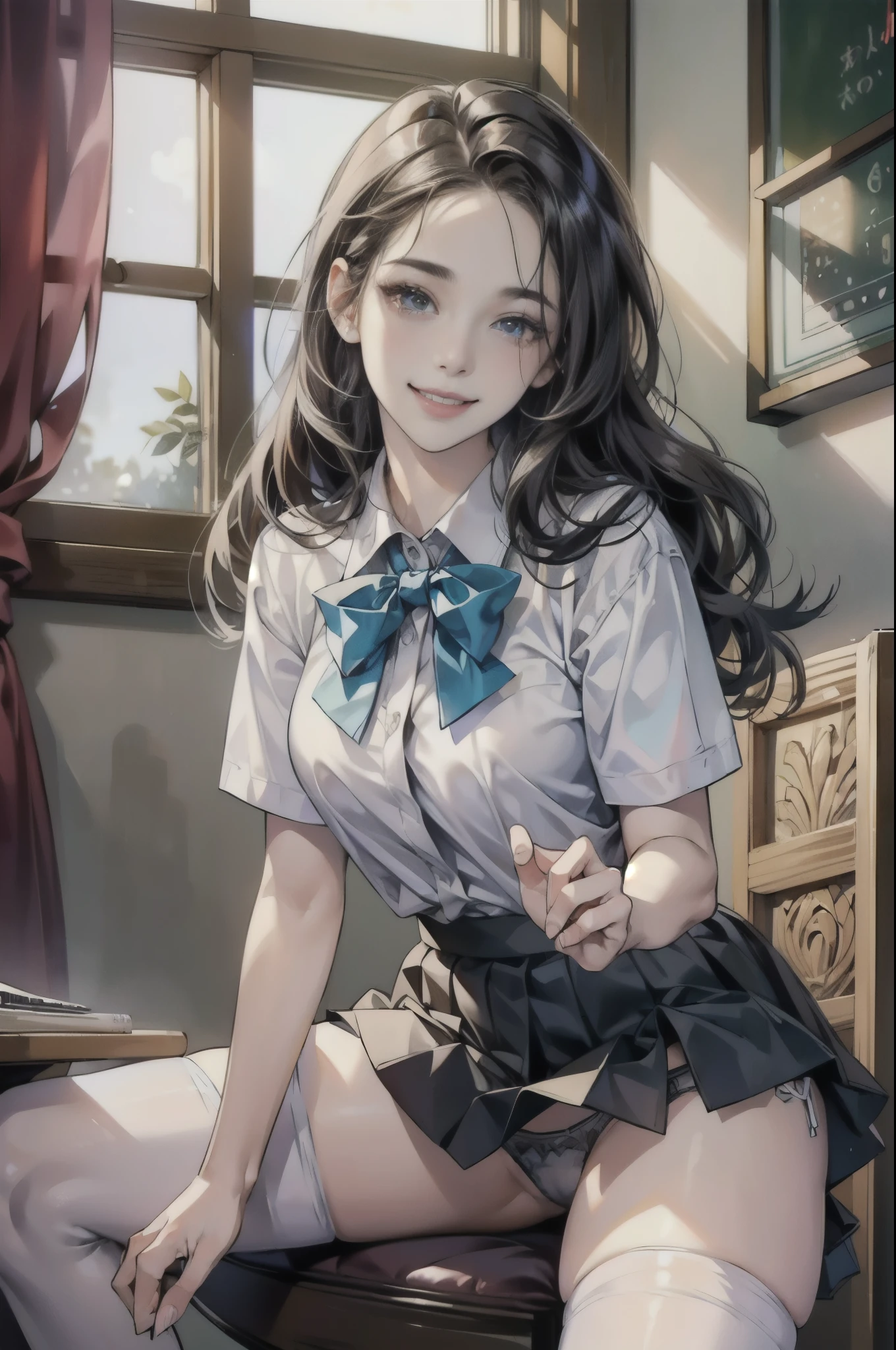 (((from below:1.3))),(Scale to fit the dimensions, crotch focus, close-up character:1.1) , sharp focus, photo-realistic:1.3,masterpiece:1.4, best quality, Highest details, beautiful and aesthetic,BREAK
(((1 white girl))),{16_y.o. Caucasian, sitting, open legs wide:1.3, showing panties:1.3, very adorable, pretty},BREAK
((( school uniform, micro mini skirt:1.3, sexy thong panties, knee_high_stocking))), super detailed beautiful skin, Huge Perky breasts, toned slender body, beautiful thin legs,detailed perfect fingers,BREAK
highest detailed face,((( enjoying, smile:1.3))),((( looking down, watching at Viewer:1.3))),( round Eyes, double eyelid, mascara, Very long eyelashes), messy shiny hair, BREAK
(official art, extreme detailed, highest detailed), perfect lighting, depth of field, beautiful scene in classroom, desk, chair, blackboard behind