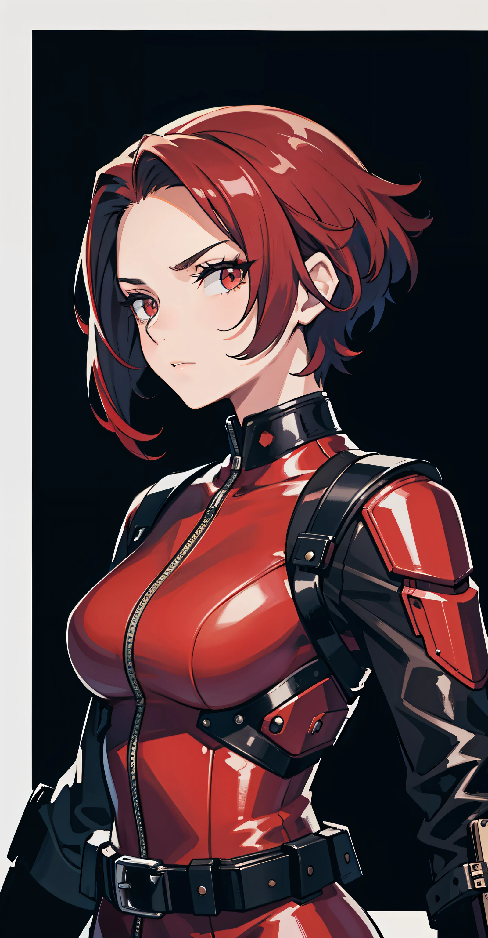 1girl, masterpiece, lady_nagant, short hair, red hair,  red eyes, serious, black suit, portrait, mechanical belt, night city background, latex,