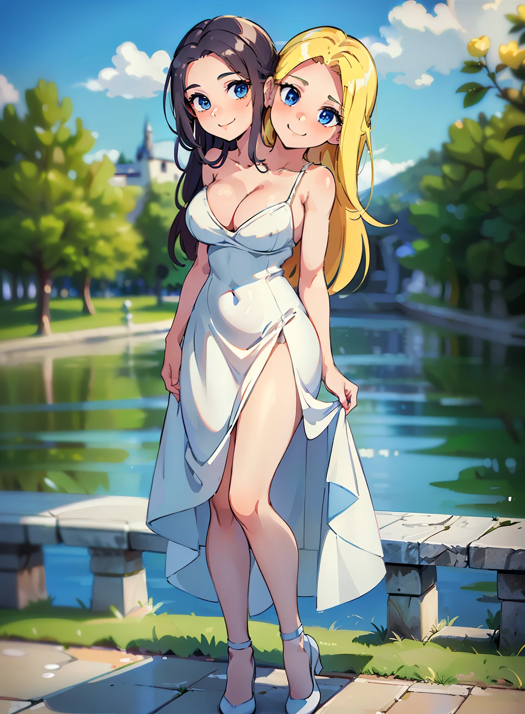 best quality, (masterpiece),(ultra-detailed), (high quality), (high resolution), (2heads:1.5) blonde long hair, medium breasts, cleavage, white skirt , full body,best quality:1.5, highres, UHD, 4K), smiling, ((white sleeveless dress)), wearing white heeled shoes, lake background, ((full body)), detailed blue eyes, (mature woman), casual dress