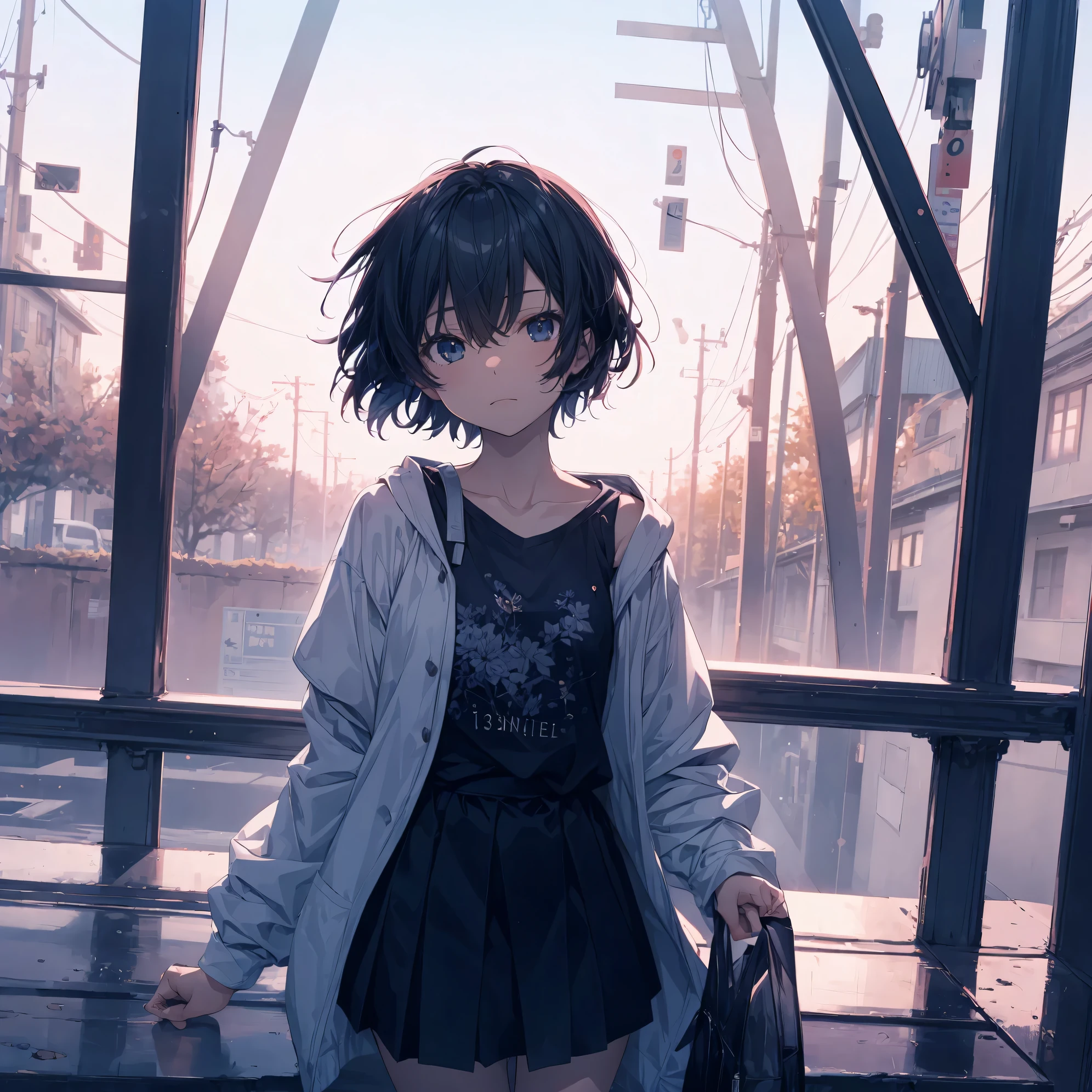 Super high quality by the art god, Ultra-detailed, High resolution, Shinkai Makoto style, anime moe art style, best anime 8K konachan wallpaper, Pixiv Contest Winner, Perfect Anatomy, BREAK,(Please draw a sleepy girl going to school alone.. ),BREAK, 1girl in, (Solo,Lori,child,13years:1.3),Full limbs, complete fingers,a junior high school student, Androgynous attraction, (Very short hair), hair messy, flat chest, Small butt, groin, Small eyes,Beautiful detailed black eyes, Well-proportioned iris and pupils, disgusted eye, High resolution detailed hair, School uniform, Skirt, On the way to school. BREAK,Ultra-detailed細なスキン, Best lighting by famous artists, 8K,Cute illustration,
