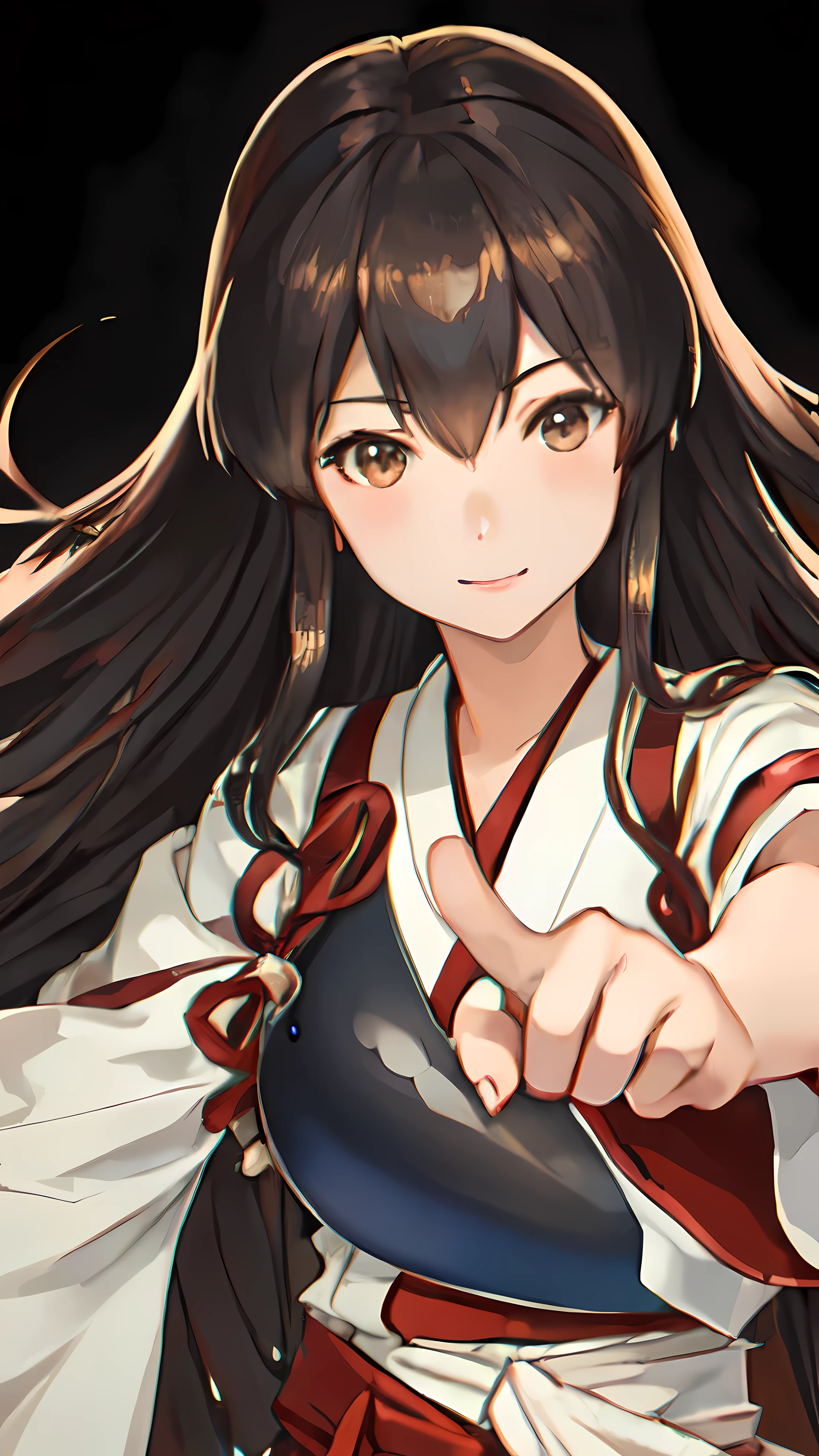 Best Quality, masutepiece, hight resolution, Solo, {akagi_Kantai Collection:1.15}, long_hair, brown_hair, brown_Eyes, muneate, tasuki, Smile, 1girl in , Japanese_Clothes, , partially_fingerless_gloves, arma, distortion, Single_hand armor, outstretched_Highly detailed arms、extremely detailed eye、extra detailed face、Insanely detailed body、Bewitching expression of extremely detailed skin