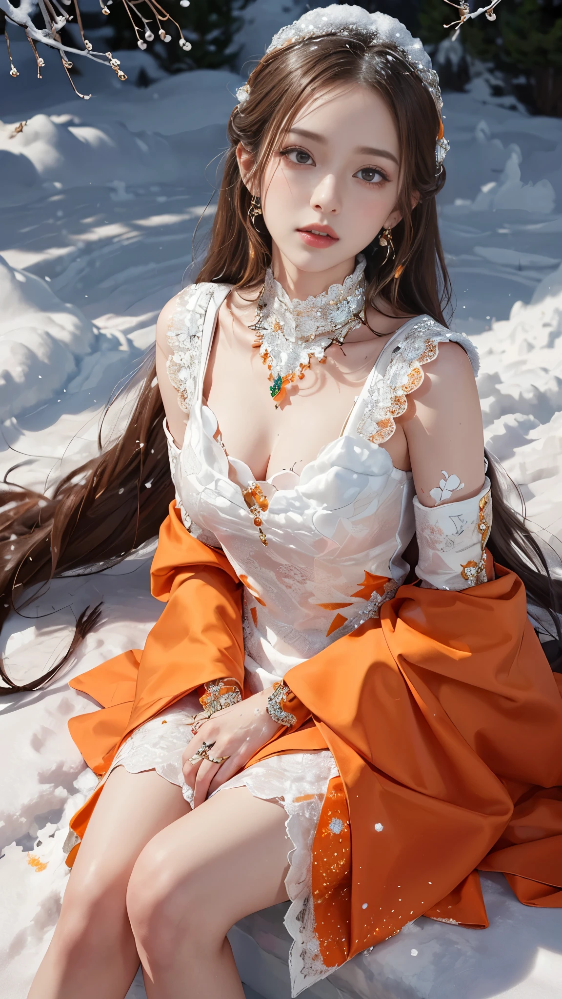 8k, masterpiece, 1 girl, beautiful face, very long hair, light makeup, detailed eyes, detailed lips, small bust, winter dress, orange dress, (wearing jewellery:1.8), (orange lace:1.4), ((snow falling:1.4)), sitting,