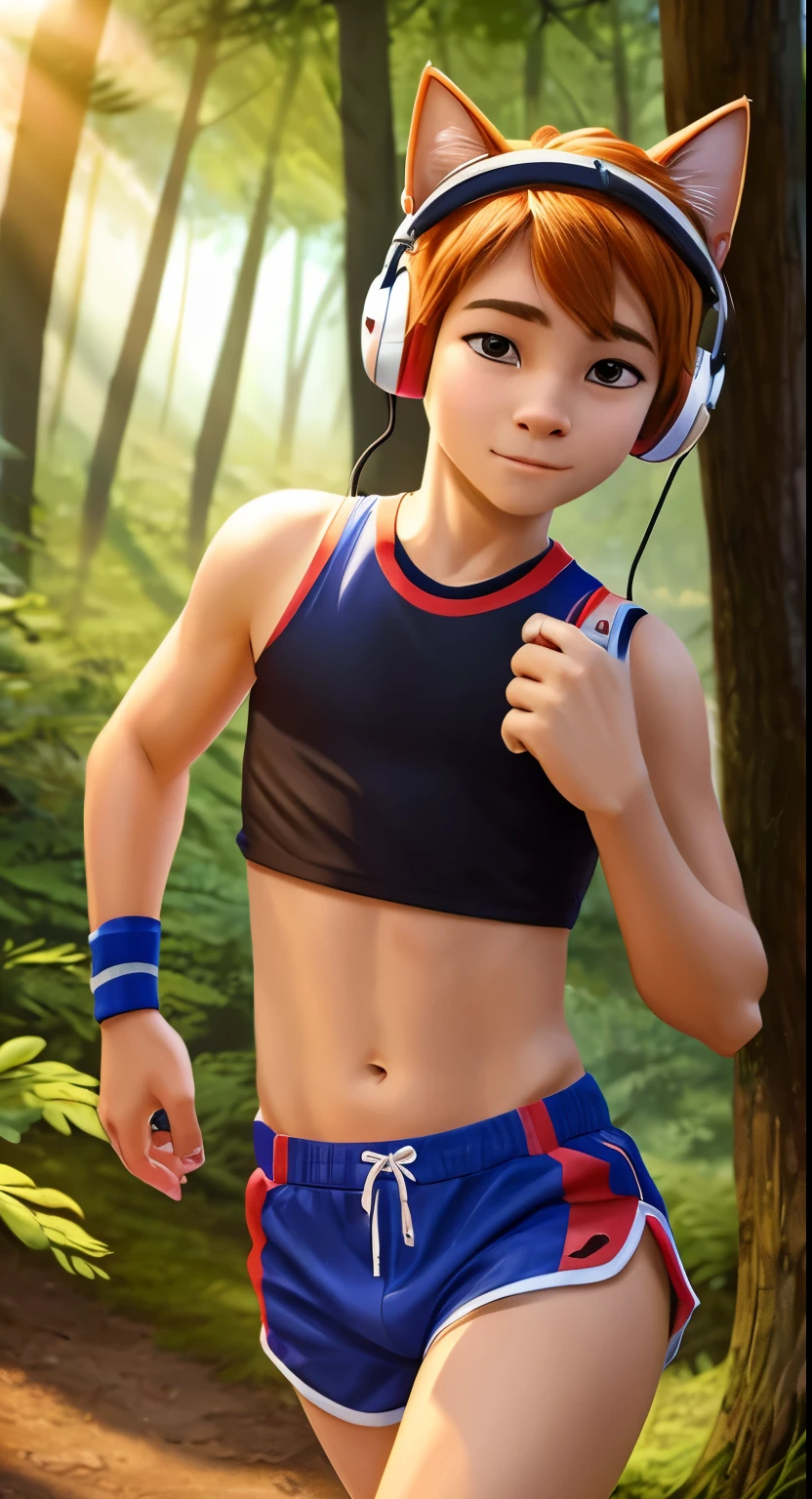 , cat runs through the forest, he&#39;s wearing headphones, he with nasty short shorts and a sporty short tom, crop top, boy listening to music, Sunny day, sweet boy, мальчик в crop topе