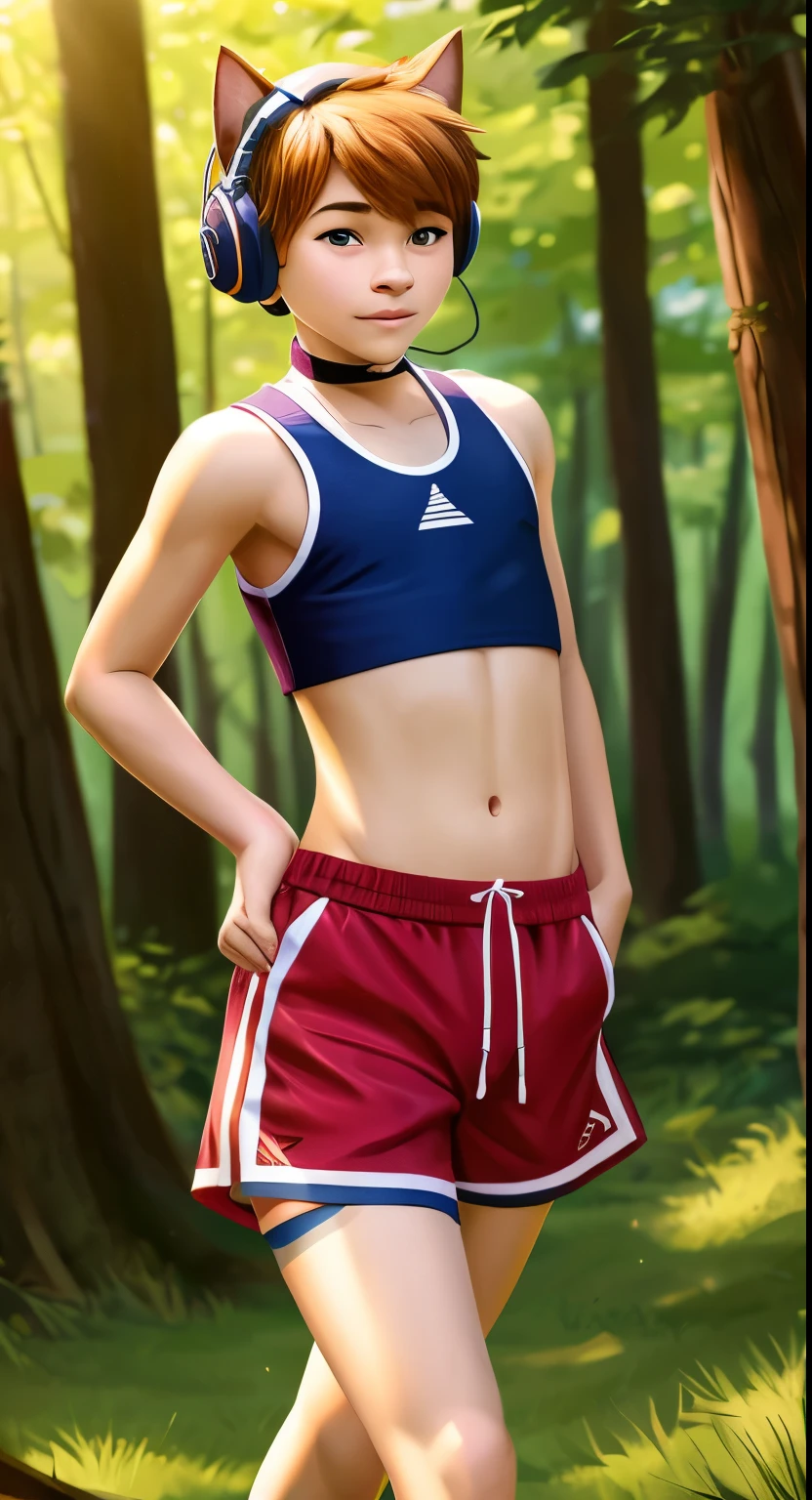 Teenage boy 10 - ************, cat runs through the forest, he&#39;s wearing headphones, he with nasty short shorts and a sporty short tom, crop top, boy listening to music, Sunny day, sweet boy, мальчик в crop topе