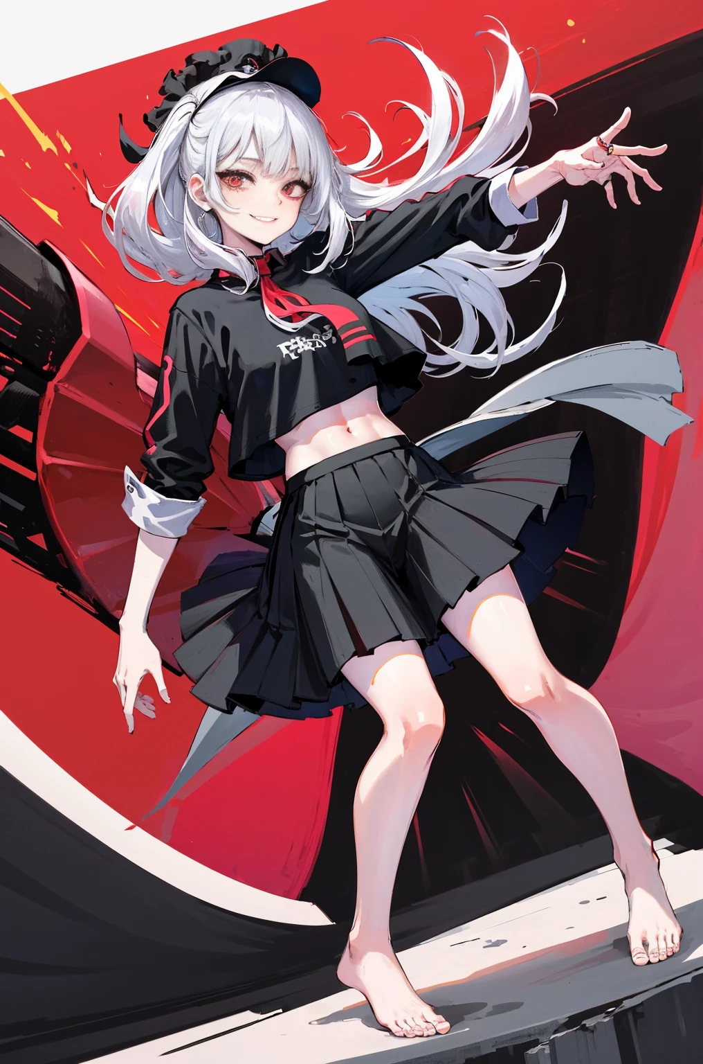 masterpiece, best quality, highres, aanozomi, long hair, streaked hair, hair ornament, hair bow, polka dot, hair flower, ear piercing, earrings, heterochromia, off shoulder, choker, necktie, red shirt, short sleeves, bandages, midriff, black belt, plaid skirt, red skirt, black shorts, chain, thigh strap, fishnet pantyhose, <lora:ishigami_nozomi_v1:0.7>, stage, singing, holding microphone, smile, open mouth, reaching out, outstretched arm,