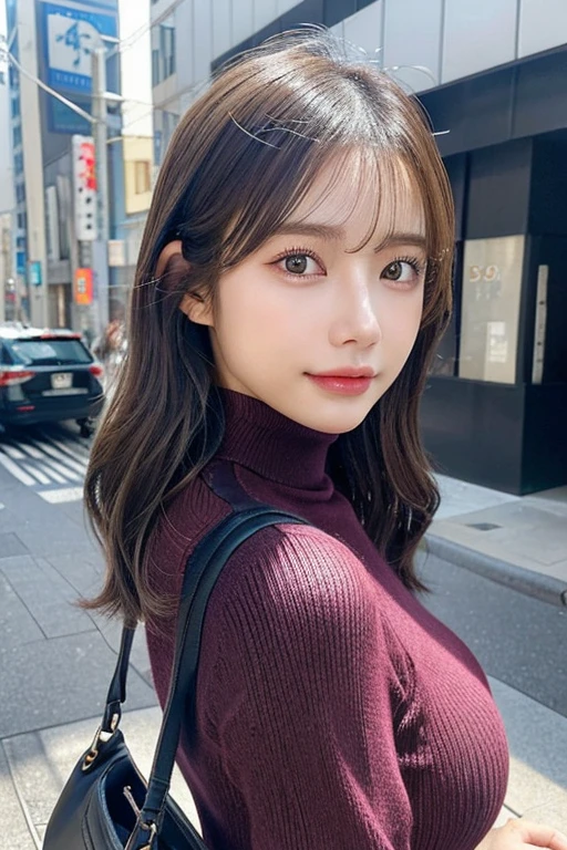 (Colossal tits、Turtleneck knitwear、Shoulder bag)、(top-quality,masterpiece:1.3,超A high resolution,),(ultra-detailliert,Caustics),(Photorealsitic:1.4,RAW shooting,)Ultra-realistic capture,A highly detailed,high-definition16Kfor human skin、 Skin texture is natural、、The skin looks healthy with an even tone、 Use natural light and color,One Woman,japanes,,kawaii,A dark-haired,Middle hair,(depth of fields、chromatic abberation、、Wide range of lighting、Natural Shading、)、(Hair swaying in the wind:1.2)、Streets of Tokyo