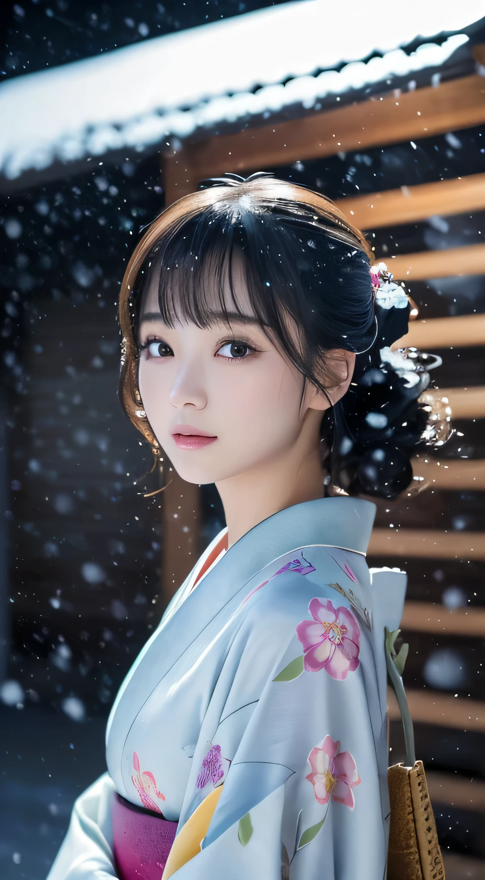 (Kimono)、(without makeup)、(top-quality,​masterpiece:1.3,超A high resolution,),(ultra-detailliert,Caustics),(Photorealsitic:1.4,RAW shooting,)Ultra-realistic capture,A highly detailed,high-definition16Kfor human skin、 Skin texture is natural、、The skin looks healthy with an even tone、 Use natural light and color,One Woman,japanes,,kawaii,A dark-haired,Middle hair,(depth of fields、chromatic abberation、、Wide range of lighting、Natural Shading、)、、(Exterior light at night:1.4)、(Falling snow:1.2)、(Hair swaying in the wind:1)、(Snow reflects light:1.3)