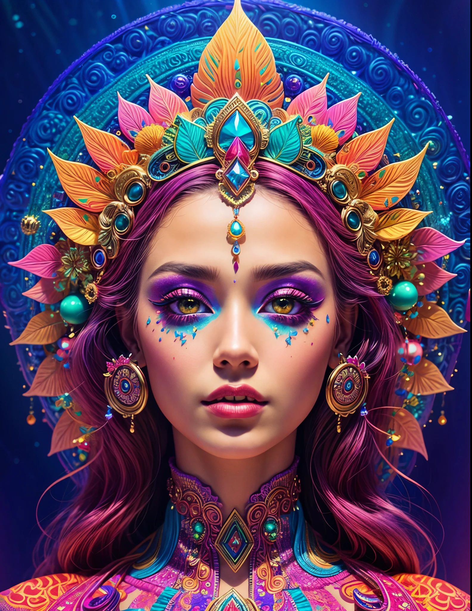 Close-up of a woman wearing a colorful headdress and makeup., colorfull digital fantasy art, exquisite digital illustration, psychedelic goddesses, Spectacular digital art, Highly detailed digital art, fantasy art behance, 3 d goddesses portrait, goddesses. very high details, beautiful digital artwork, (Realistic face details), intricate detailed, very high details, photo-hyper-realistic, 8k, UHD, hyperdetailed,