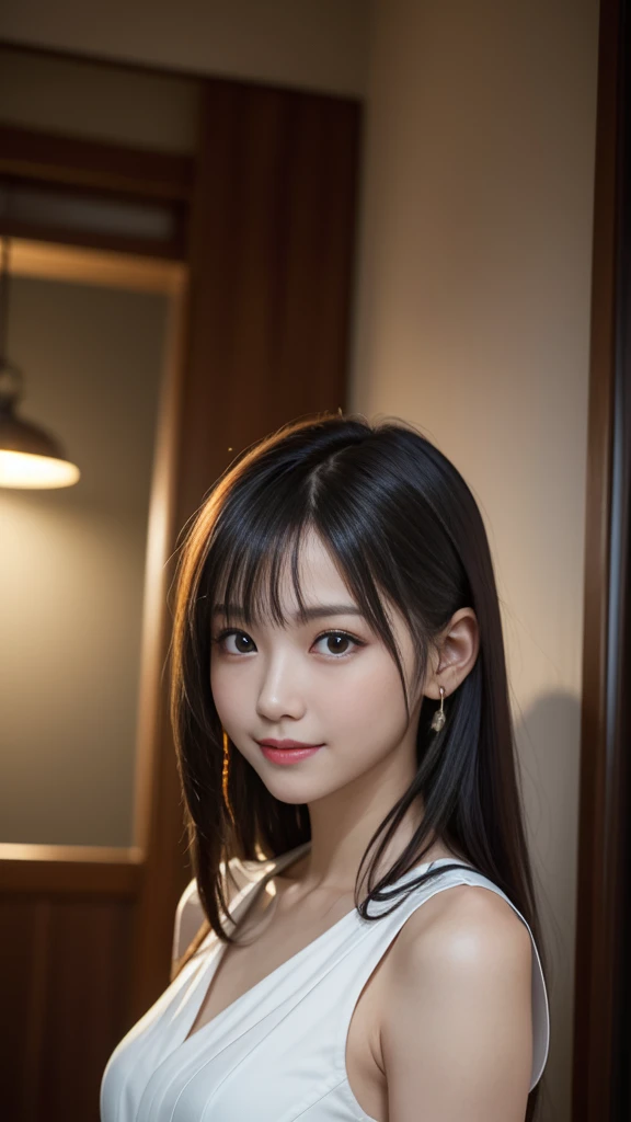 White see-through blouse,Face Interview, (Photo Real:1.4), (hyper realisitic:1.4), (realisitic:1.3), (Smooth lighting:1.05), (Improve video lighting quality:0.9), 1womanl, a 20 yo woman, Realistic lighting, Back lighting, Facial light, raytrace, (cheerfulness:1.2), (Improved image quality:1.4), (最高級のrealisiticテクスチャードスキニーアイ, a small face, Red cheeks, skinny body, medium-breasted pointed jaws,,,,,,,, Japan idol , Nogizaka Idol, glowy skin, hposing Gravure Idol, P, Blunt bangs, Black hair, hair behind ear, hair over shoulder, Long hair,Tear bag,Summer plateau、no-makeup、