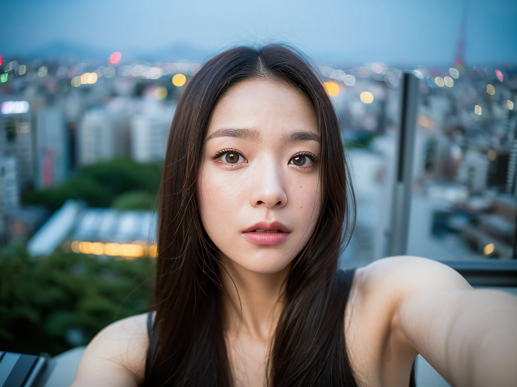model shoot style, (selfie:1.8), 1girl, (Tokyo city background:1.8), ((cute face: 1.8, perfect face:1.3)), (long hair:1.4, pale skin:1.5), (from above:1.4), best quality, epic (by lee jeffries photo, sony a7, 50 mm, pores:1.5, colors, hyperdetailed:1.5, film grain:1.4, hyperrealistic: 1.5), octane render, hyper-realistic lifelike texture, masterpiece, Extremely detailed 8k wallpaper, Madly detailed photo, hyper-realistic light, (Winner of the Pulitzer Prize for Photography and Taylor Wessing Photographic Prize)